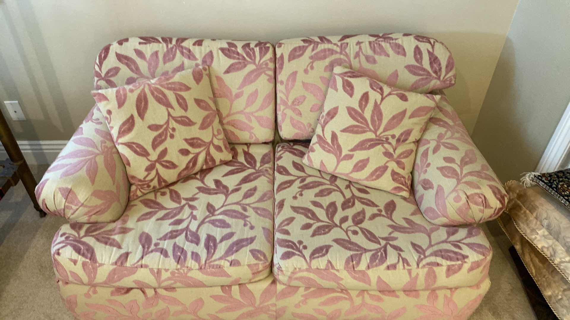 Photo 2 of 64” CREAM AND MAUVE LEAF UPHOLSTERED LOVE SEAT