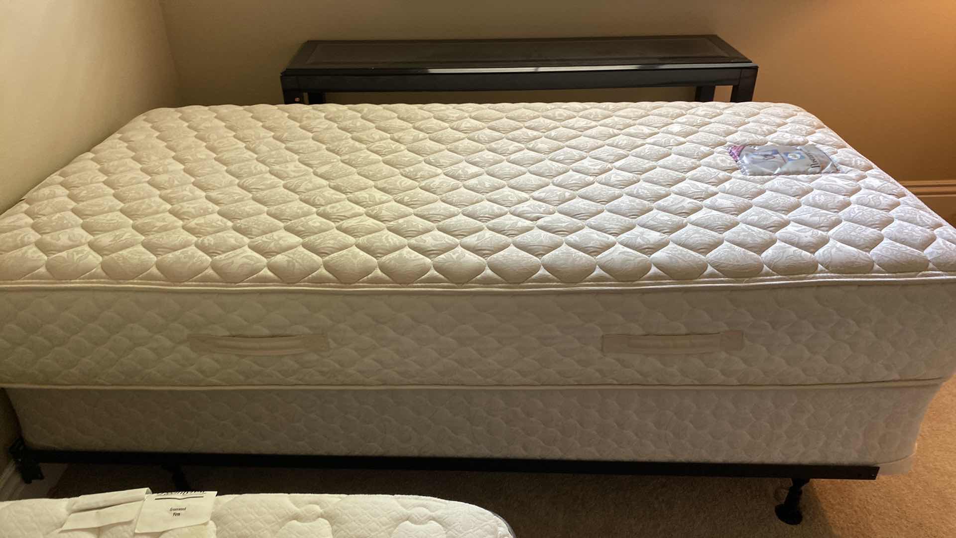 Photo 1 of SEALY POSTUREPEDIC SPECTOR FIRM TWIN MATTRESS AND BOX SPRING WITH BED FRAME 38” X 75”