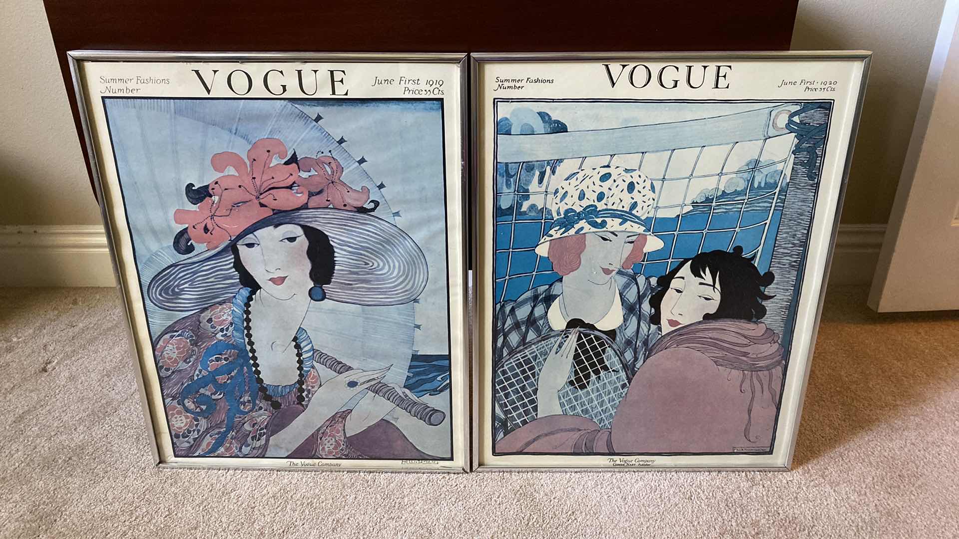 Photo 1 of VINTAGE SILVER FRAMED PAIR OF VOGUE FASHION ARTWORK EACH 19”.  24”