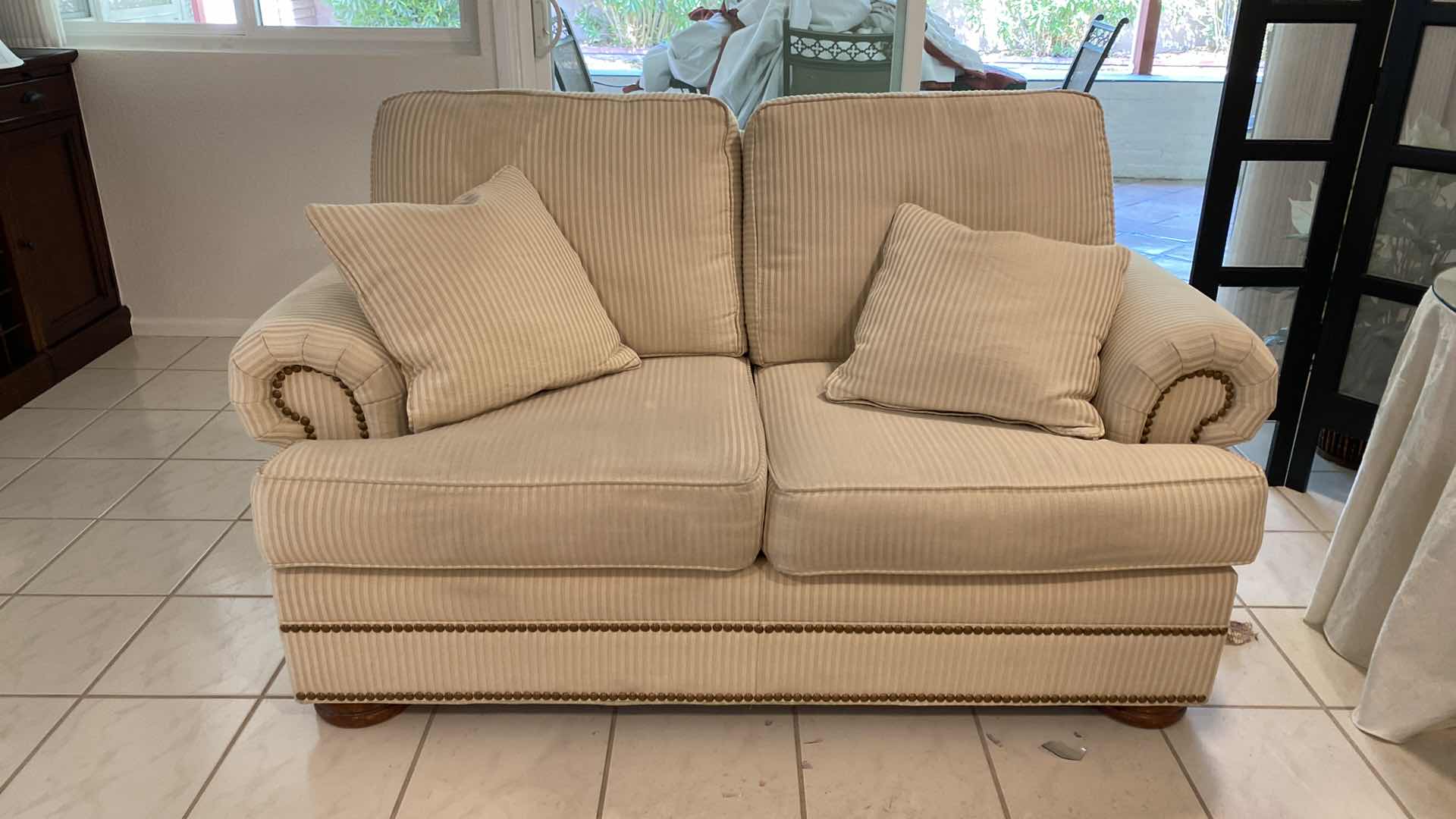 Photo 9 of 65” THOMASVILLE CREAM UPHOLSTERED ROLLED ARM LOVE SEAT WITH ARM COVERS