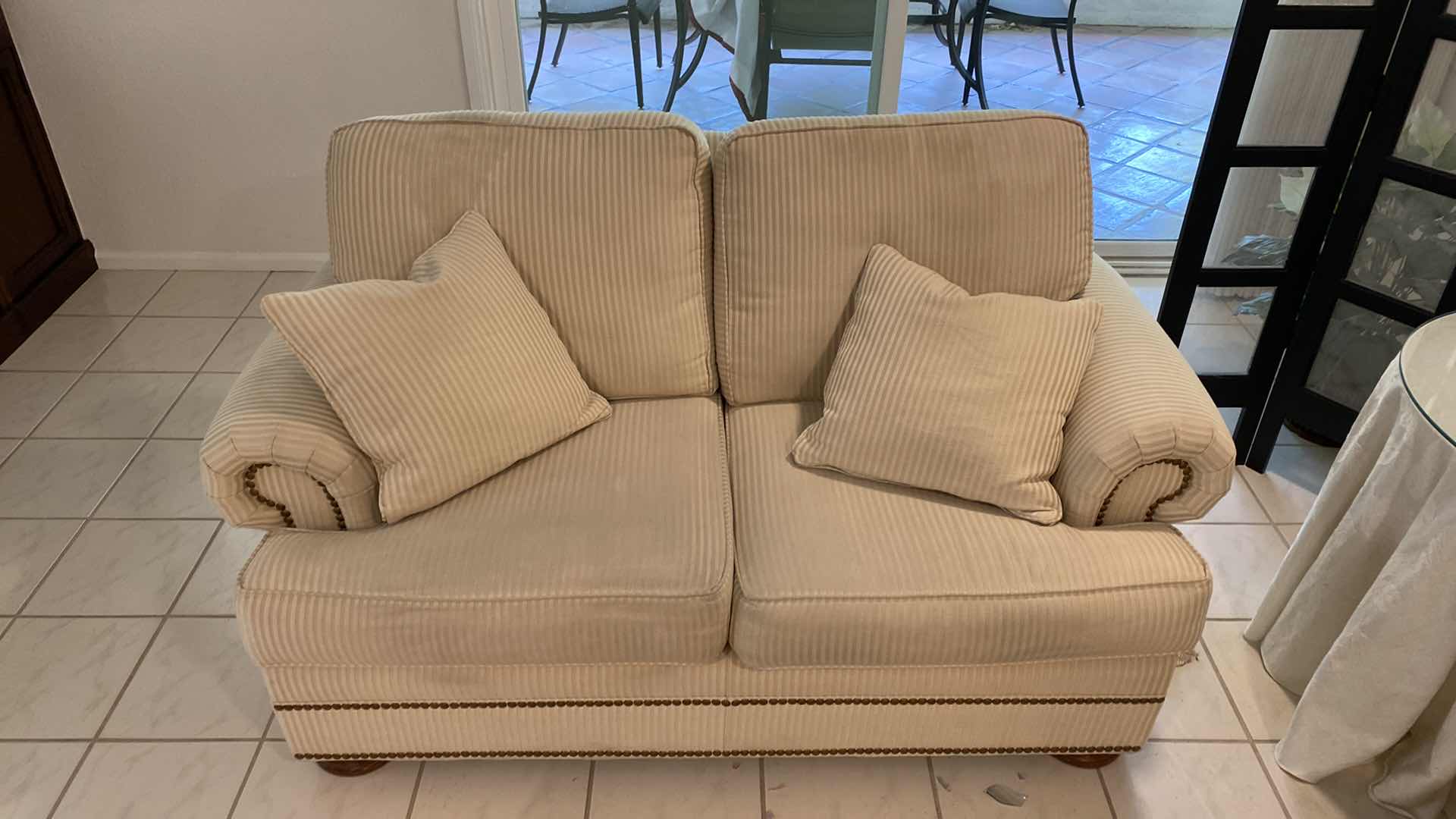 Photo 2 of 65” THOMASVILLE CREAM UPHOLSTERED ROLLED ARM LOVE SEAT WITH ARM COVERS