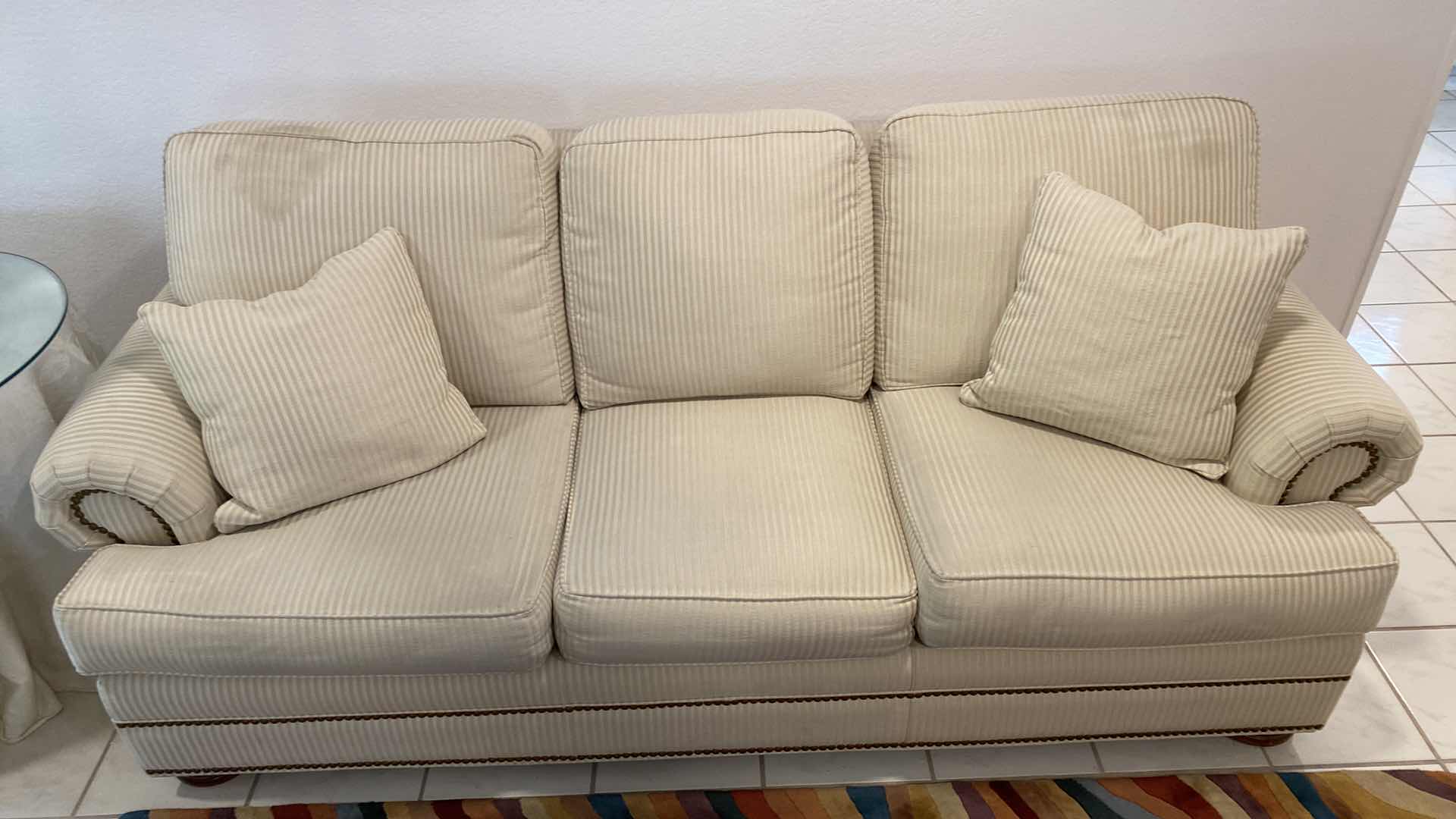 Photo 3 of 88” THOMASVILLE CREAM ROLLED ARM UPHOLSTERED SOFA WITH ARM COVERS