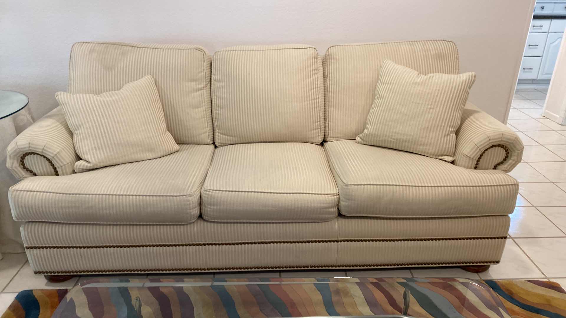 Photo 2 of 88” THOMASVILLE CREAM ROLLED ARM UPHOLSTERED SOFA WITH ARM COVERS