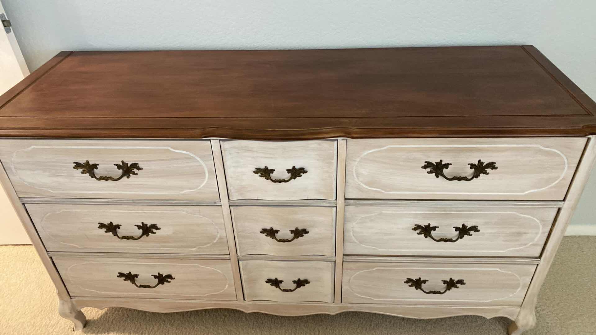 Photo 2 of MID CENTURY 9 DRAWER WHITE STAIN DRESSER WITH DOVE TAILED DRAWERS 59” X 20” H31”