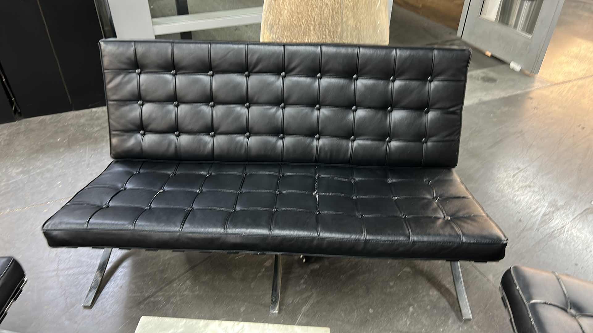 Photo 2 of BARCELONA STYLE BLACK LEATHER COUCH ( CHAIRS, SILVER FILE CABINET SOLD SEPARATELY) 59” x 27”