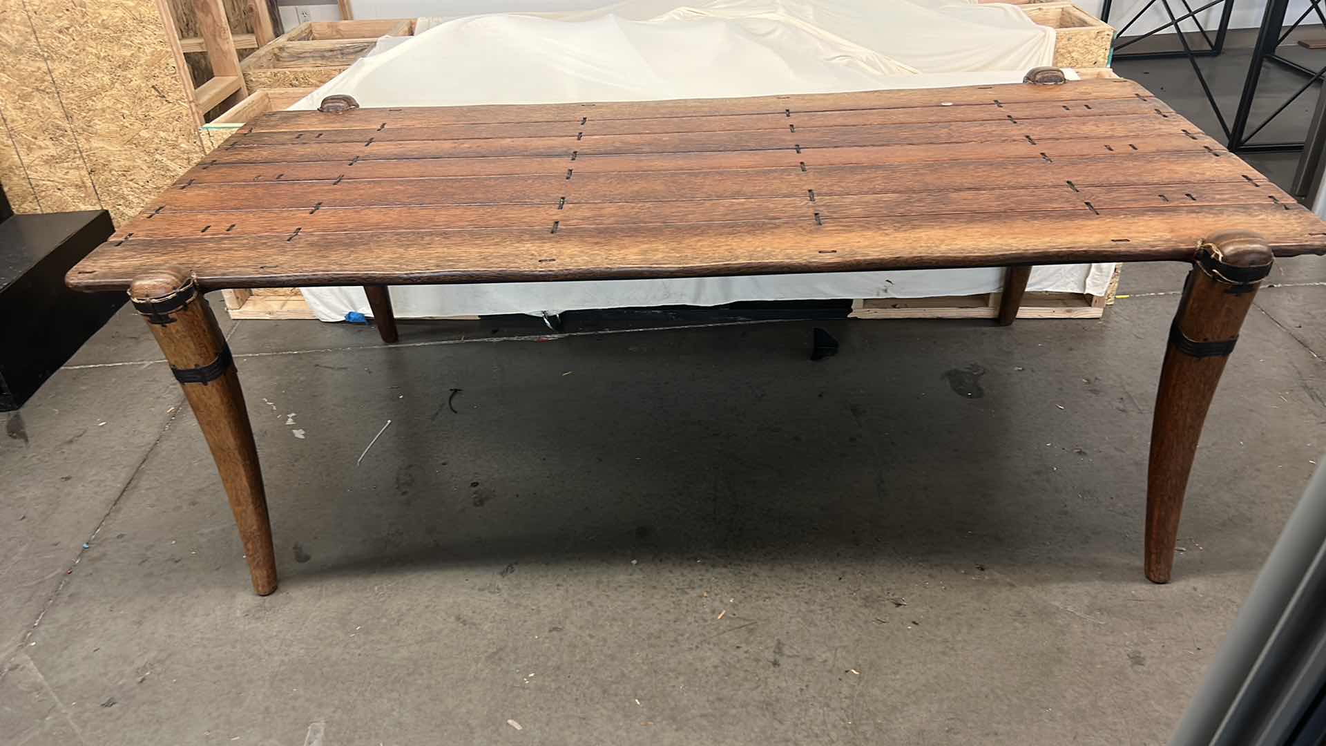 Photo 2 of CUSTOM MENDI PALMWOOD DINING / CONFERENCE TABLE W WAVY EDGES BY PACIFIC GREEN  7’ 6.5” x 44” x H28.5”