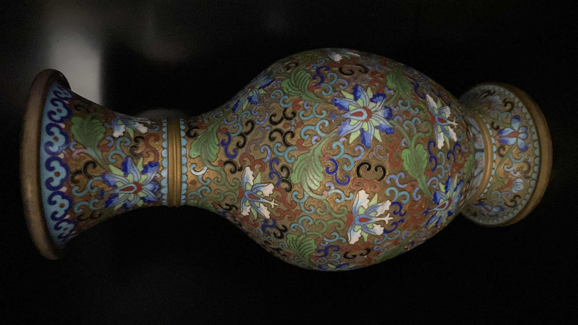 Photo 3 of CHINESE BRASS RAISED CLOISONNÉ VASE H 10” 