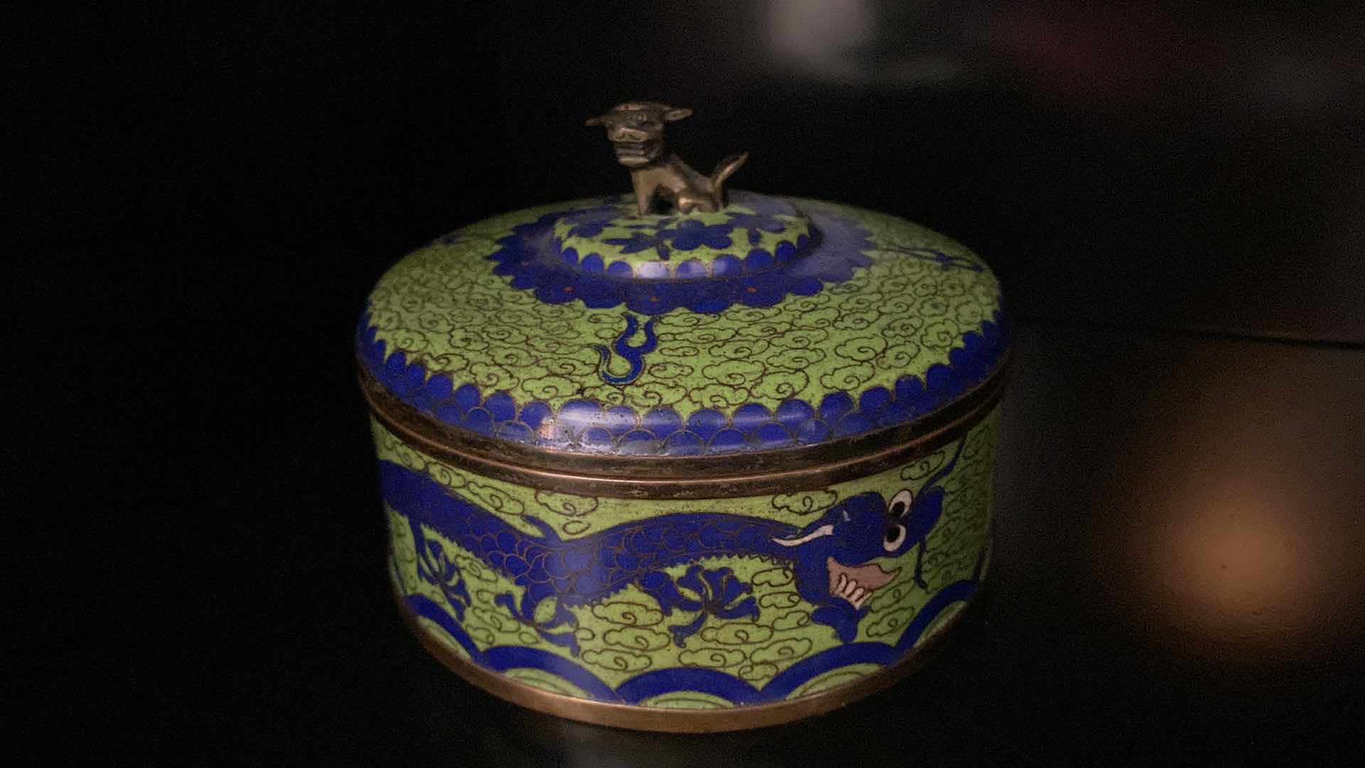 Photo 1 of CHINESE BRASS RAISED CLOISONNÉ DRESSER BOX WITH LID WITH FOO DOG 5.5” X 4” 