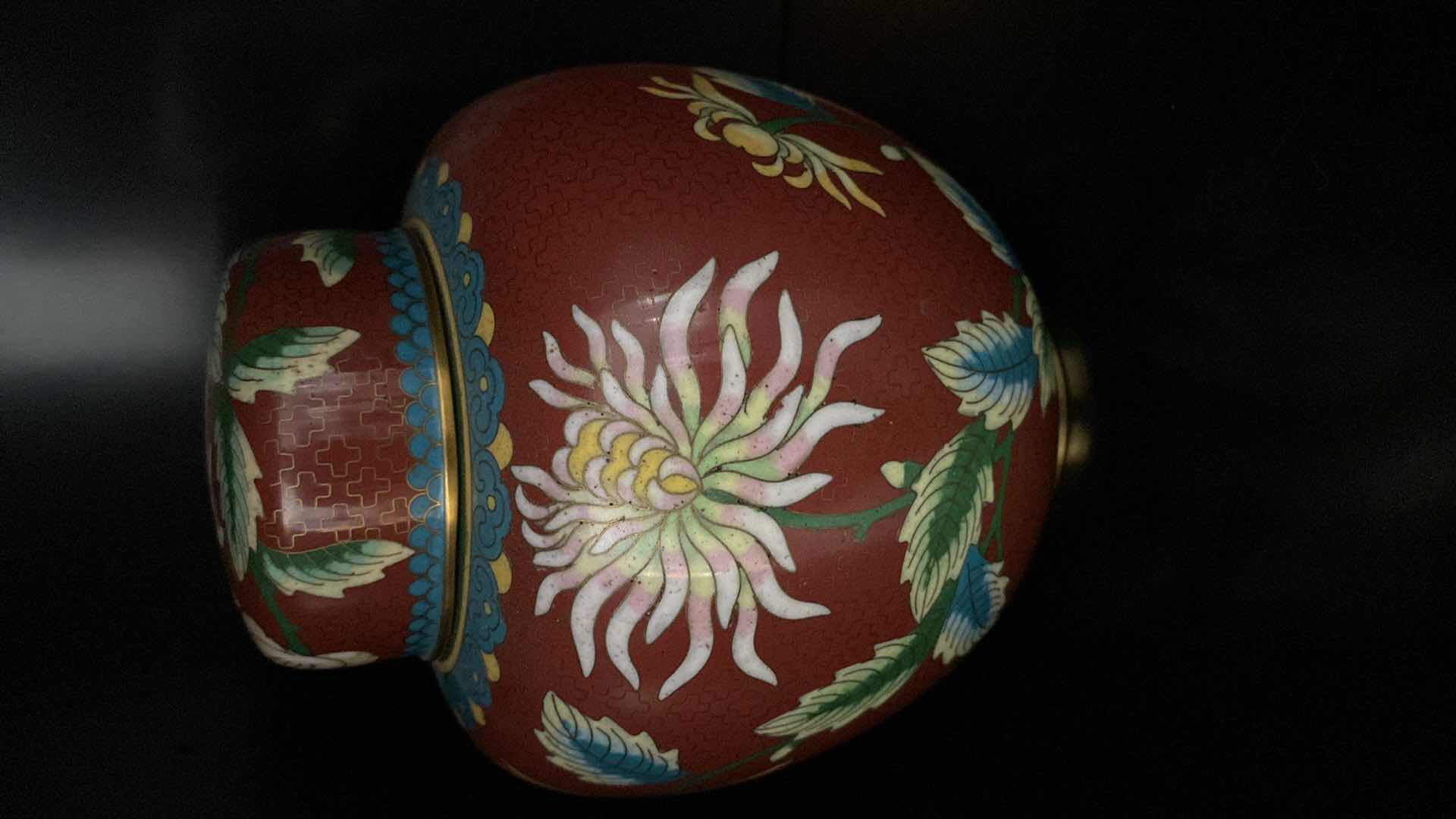 Photo 2 of CHINESE BRASS RAISED CLOISONNÉ GINGER JAR H 6.5” AND 2 BELLS