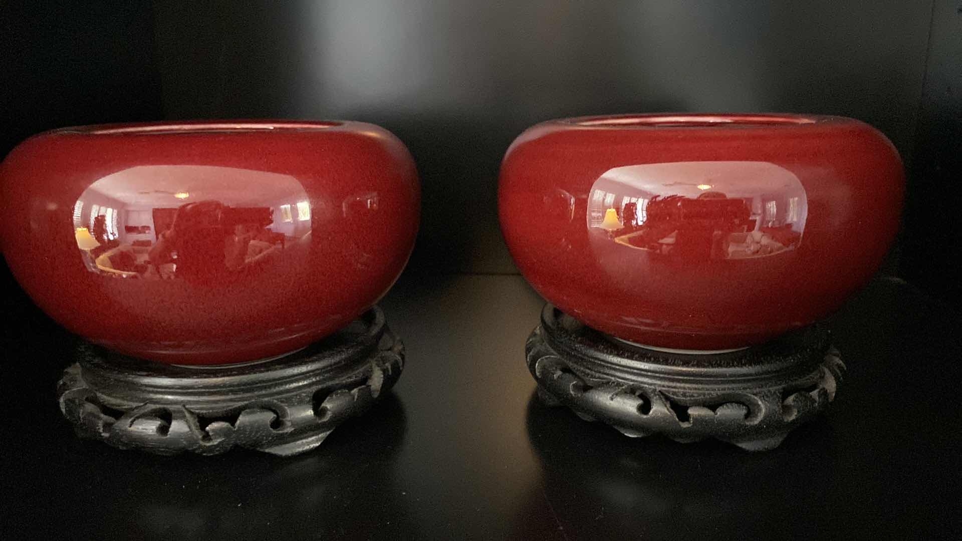 Photo 1 of VINTAGE PAIR OF CHINESE  CRANBERRY RED POTTERY BOWLS ON STANDS 6” x 4”