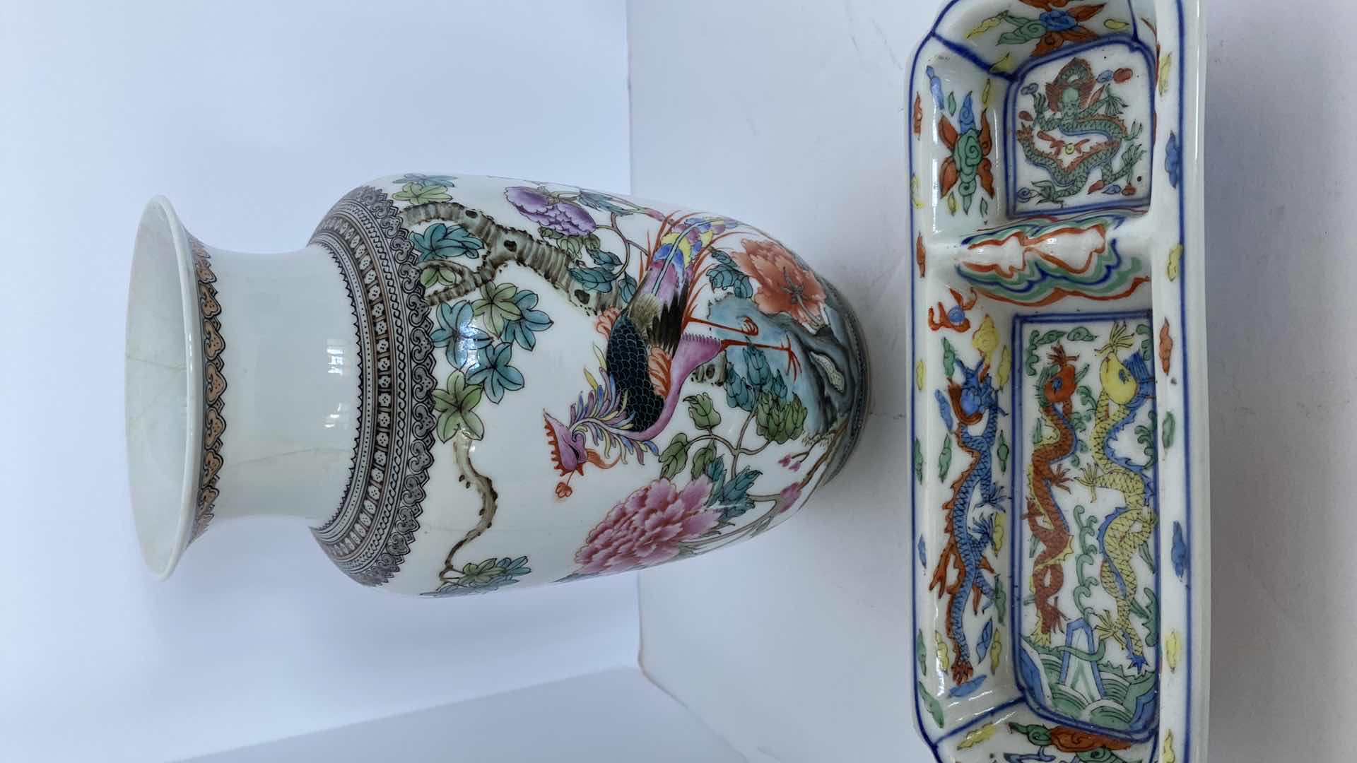 Photo 8 of VINTAGE CHINESE PORCELAIN VASE H8” AND DIVIDED DISH 8”