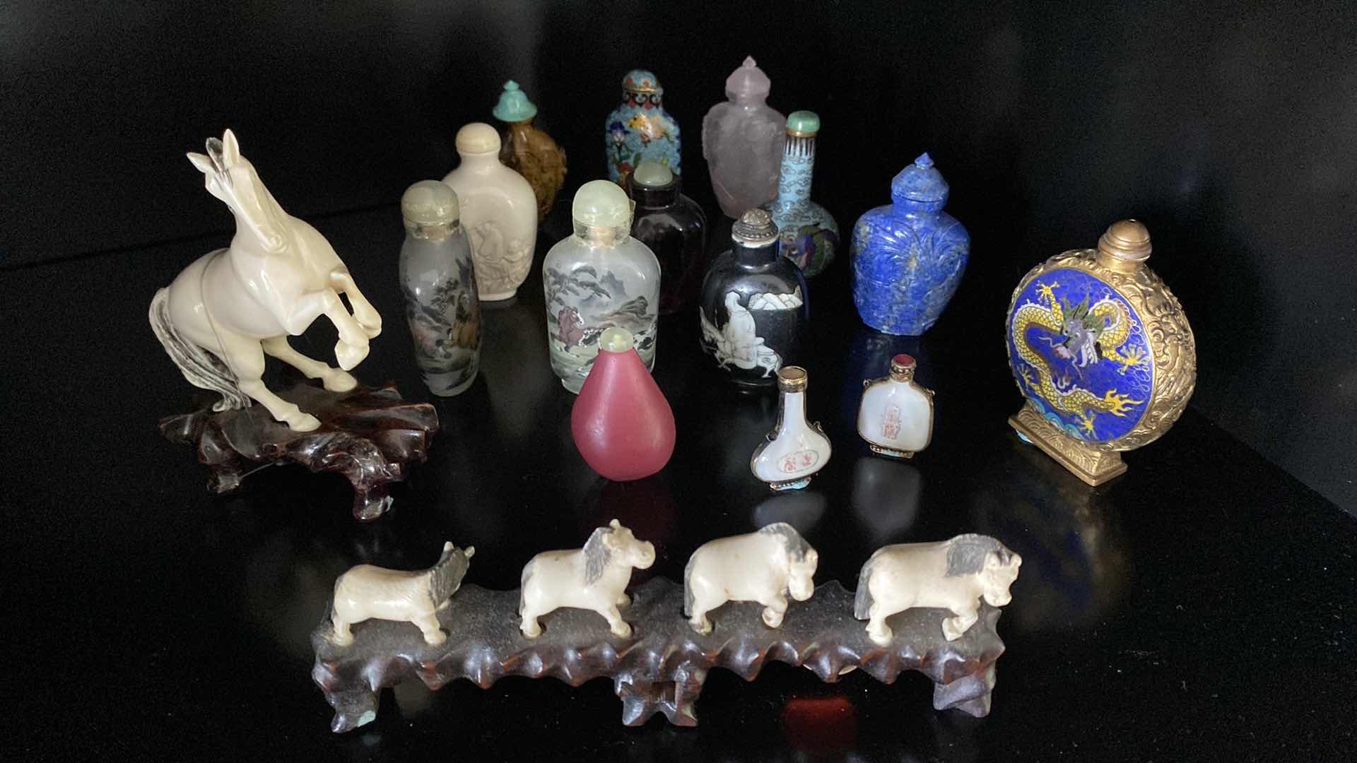 Photo 1 of COLLECTION OF SNUFF BOTTLES AND IVORY HORSES - LARGE HORSE 4.75” INCLUDING STAND