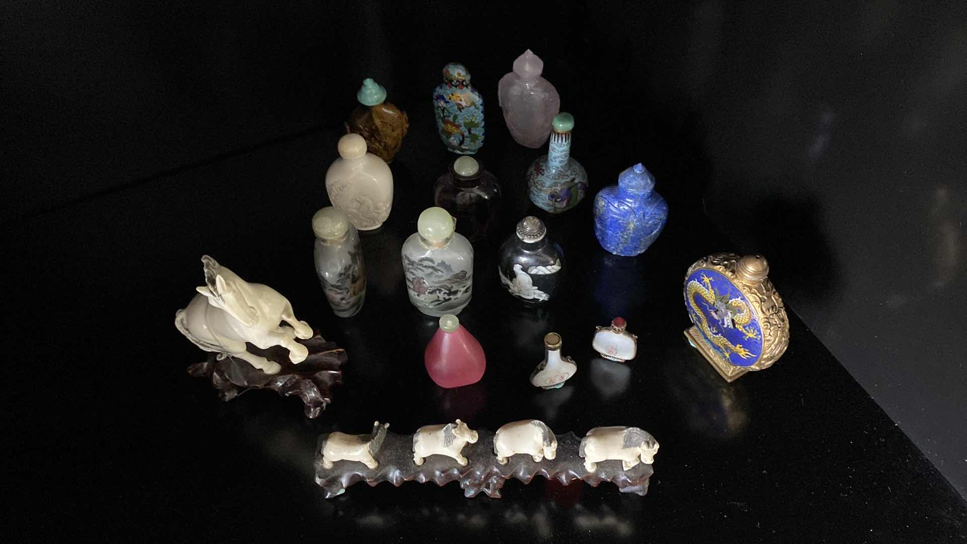 Photo 2 of COLLECTION OF SNUFF BOTTLES AND IVORY HORSES - LARGE HORSE 4.75” INCLUDING STAND