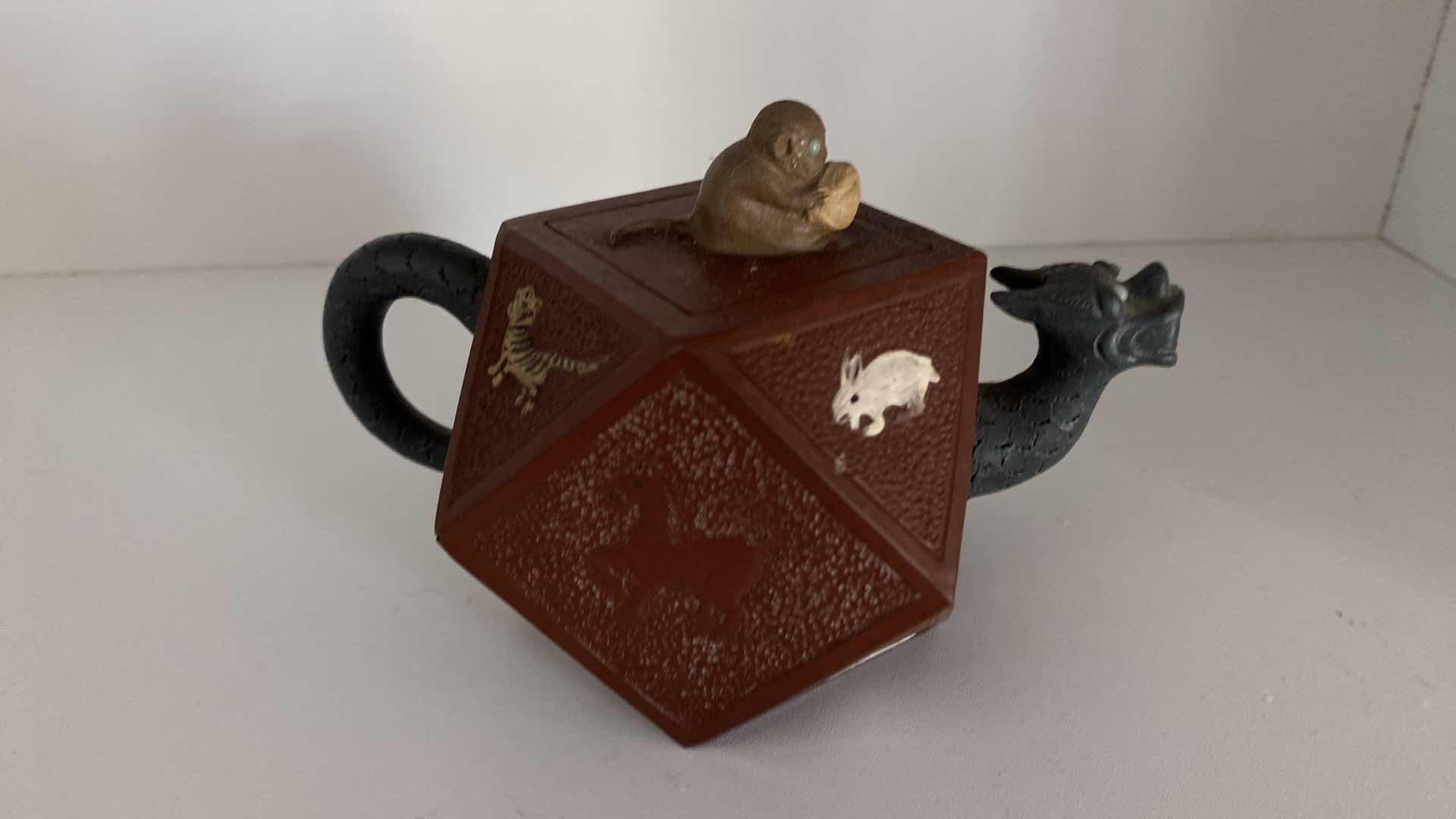 Photo 3 of VINTAGE CHINESE COLLECTIBLE CLAY TEA POT DEAGON AND MONKEY 5 3/4” x 3 3/4“
