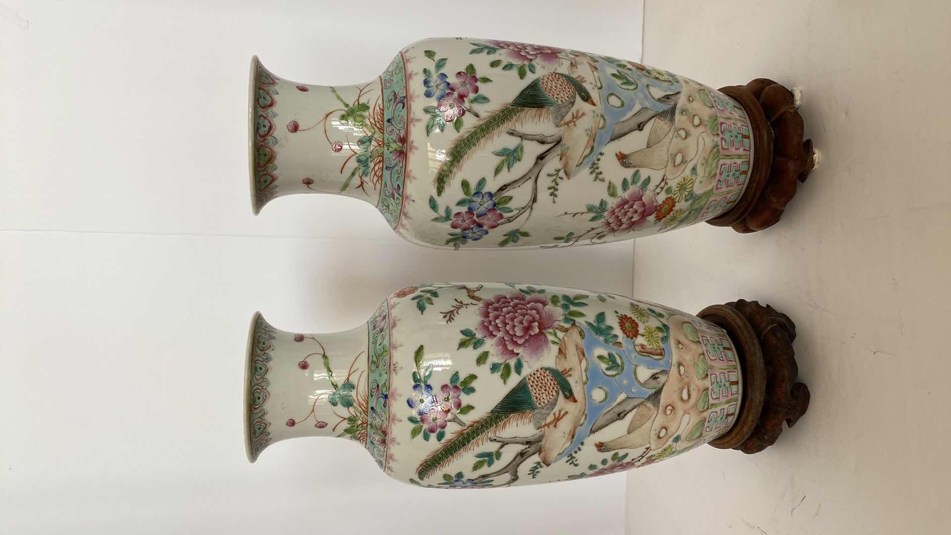 Photo 10 of PAIR OF CHINESE FAMILLE ROSE PHOENIX TAIL VASES 12” (PARTIAL REIN MARK)