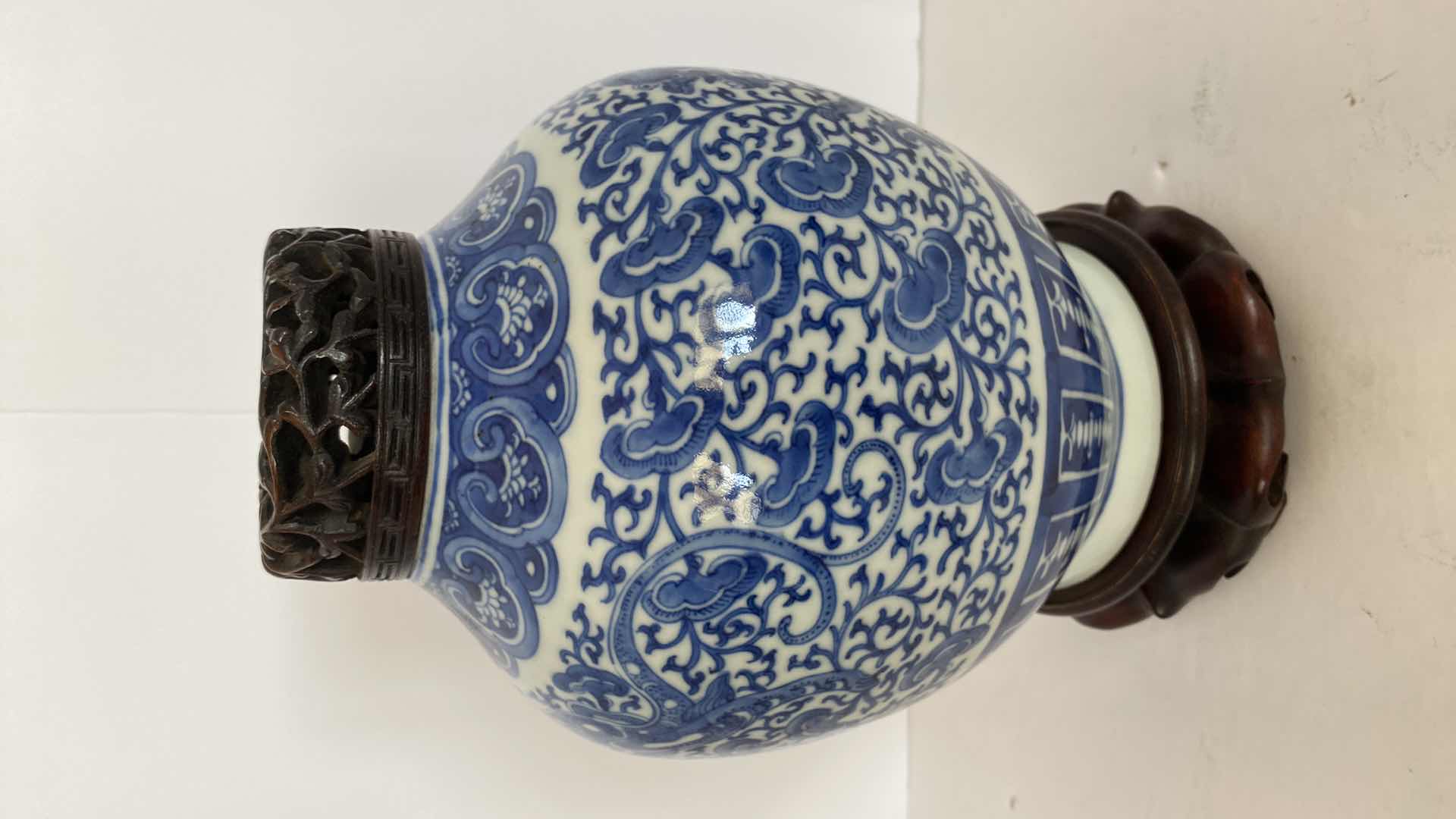 Photo 2 of VINTAGE CHINESE IMPERIAL BLUE AND WHITE VASE ON STAND VASE 7” x 9 1/2”