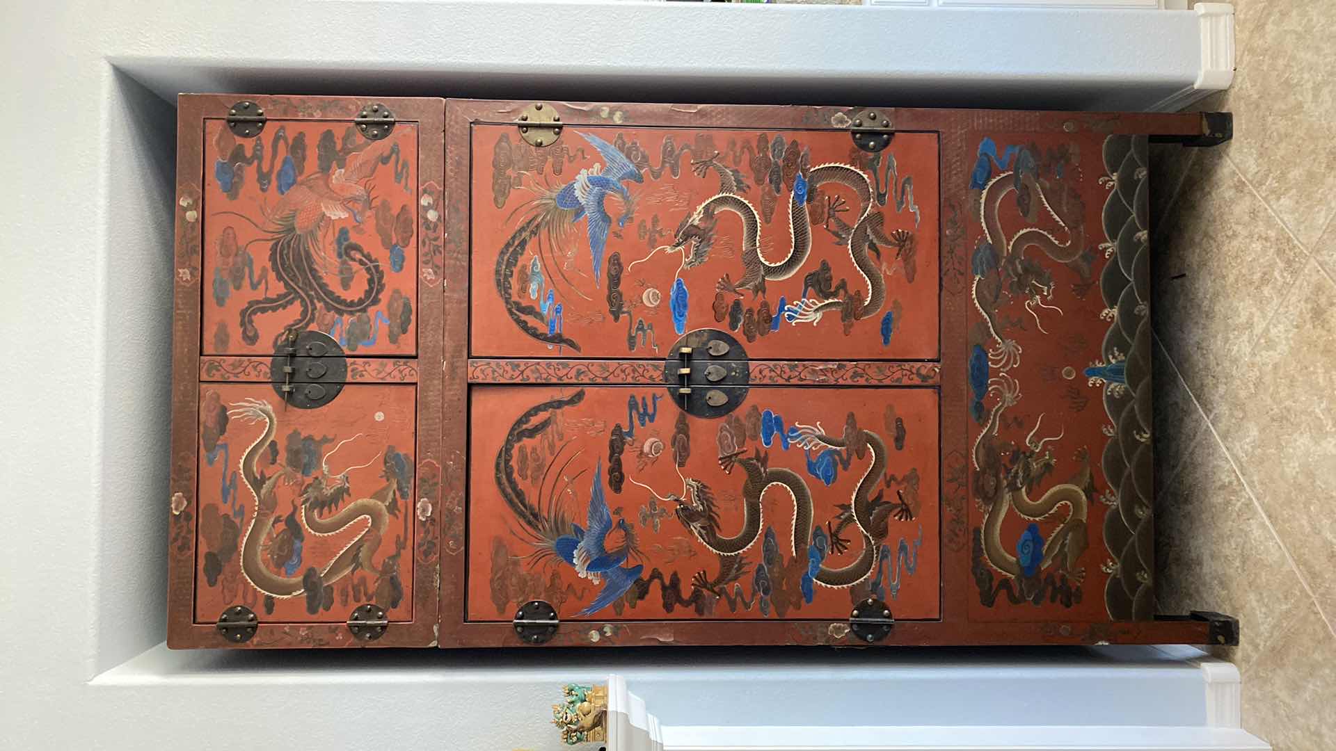 Photo 1 of CHINESE HAND PAINTED 4 DOOR 2 DRAWER RED LACQUER CABINET WITH HIDDEN DRAWER 49 1/2“ x 25“ x H 96”