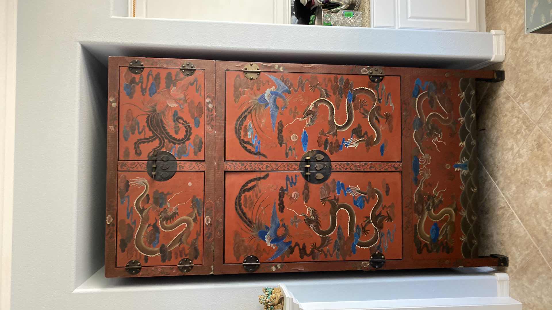 Photo 2 of CHINESE HAND PAINTED 4 DOOR 2 DRAWER RED LACQUER CABINET WITH HIDDEN DRAWER 49 1/2“ x 25“ x H 96”
