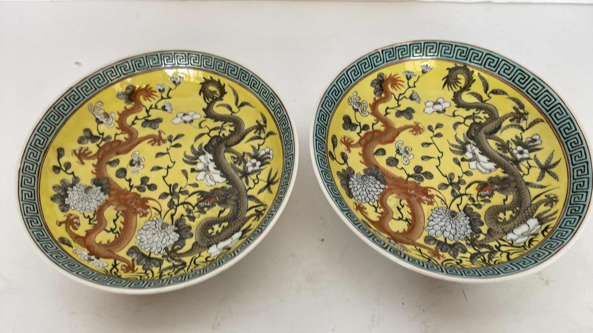 Photo 3 of CHINESE YELLOW GROUND FAMILLE ROSE PAIR OF DRAGON BOWLS 5” AND PAIR OF PLATES 5.375” SEE REIN MARK