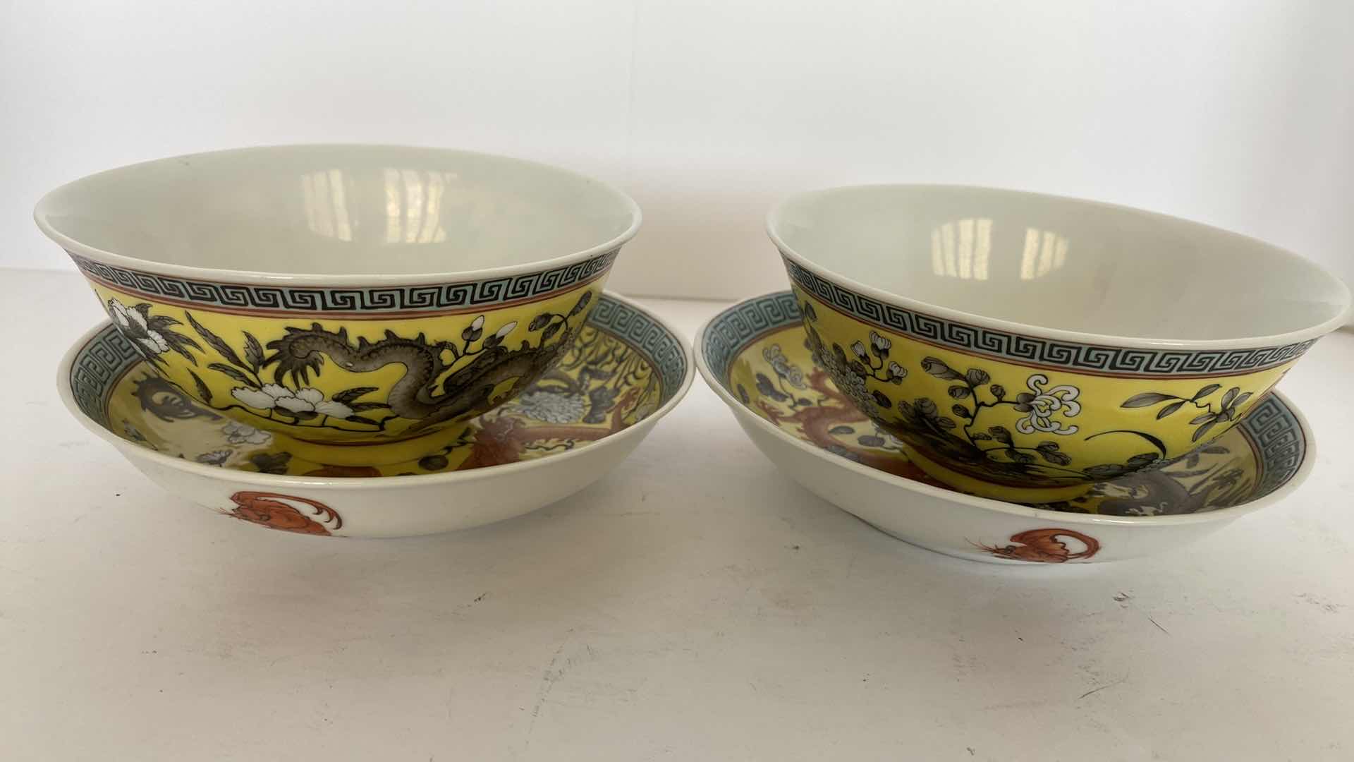 Photo 8 of CHINESE YELLOW GROUND FAMILLE ROSE PAIR OF DRAGON BOWLS 5” AND PAIR OF PLATES 5.375” SEE REIN MARK