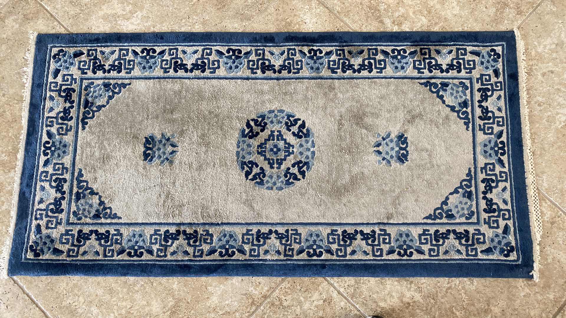 Photo 1 of HAND OVEN BLUE AND SILVER RUG FROM HONG KONG 24“ x 49“