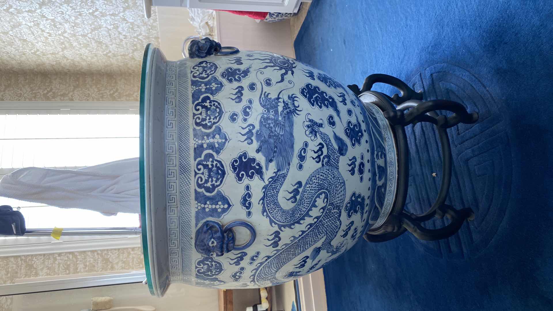 Photo 5 of LARGE PORCELAIN IMPERIAL BLUE DRAGON FISHBOWL PLANTER ON STAND, MEASURING 
24“ x 22“ without stand, GLASSTOP INCLUDED 