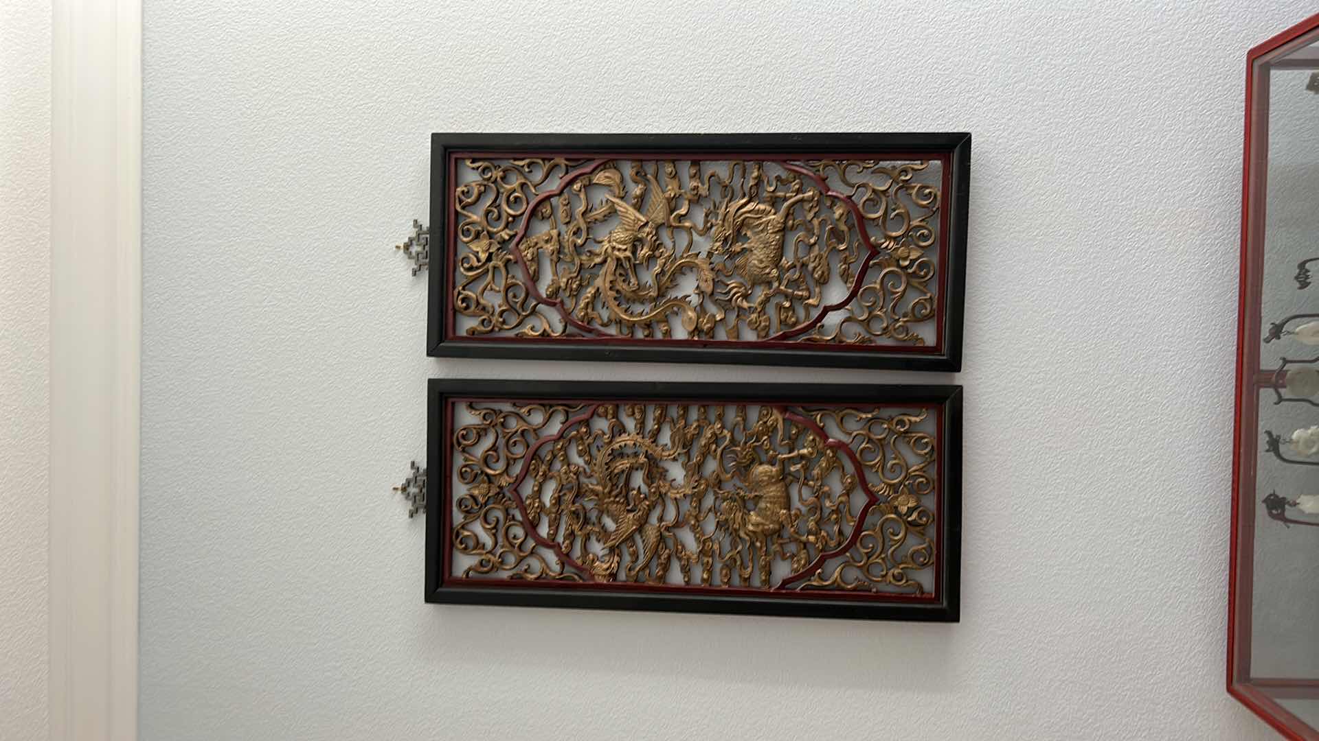 Photo 6 of 2 - VINTAGE ORNATELY CARVED WOOD AND LAQUER CHINESE PANELS
17“ x 1 1/2“ X H39 1/2"