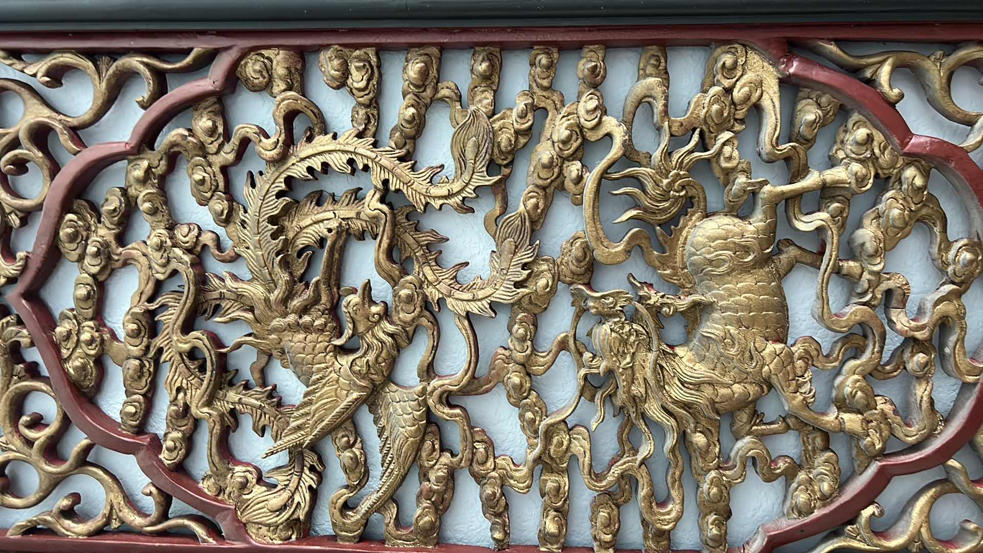 Photo 4 of 2 - VINTAGE ORNATELY CARVED WOOD AND LAQUER CHINESE PANELS
17“ x 1 1/2“ X H39 1/2"
