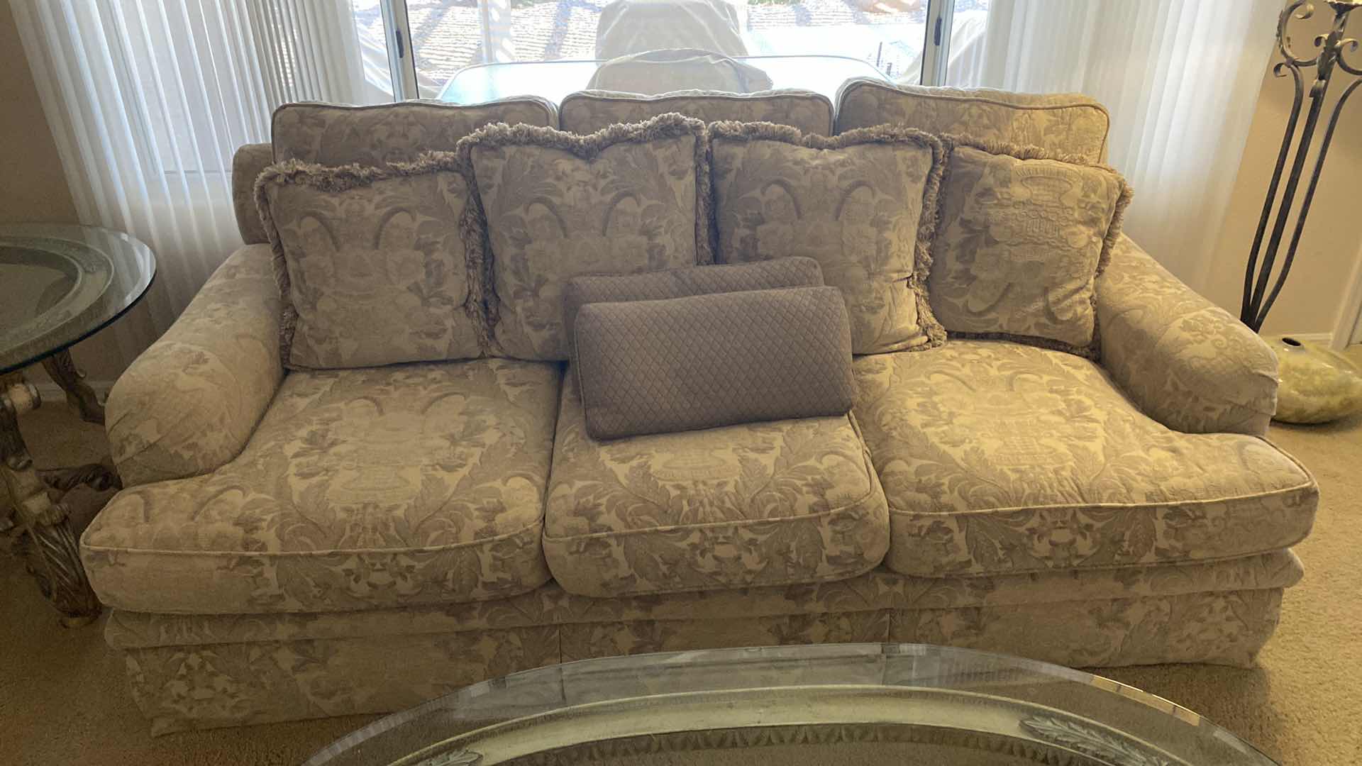 Photo 1 of 92”TRADITIONAL BEIGE AND GREEN UPHOLSTERED SOFA
