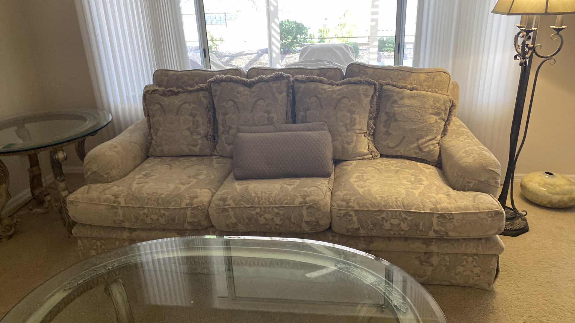 Photo 2 of 92”TRADITIONAL BEIGE AND GREEN UPHOLSTERED SOFA