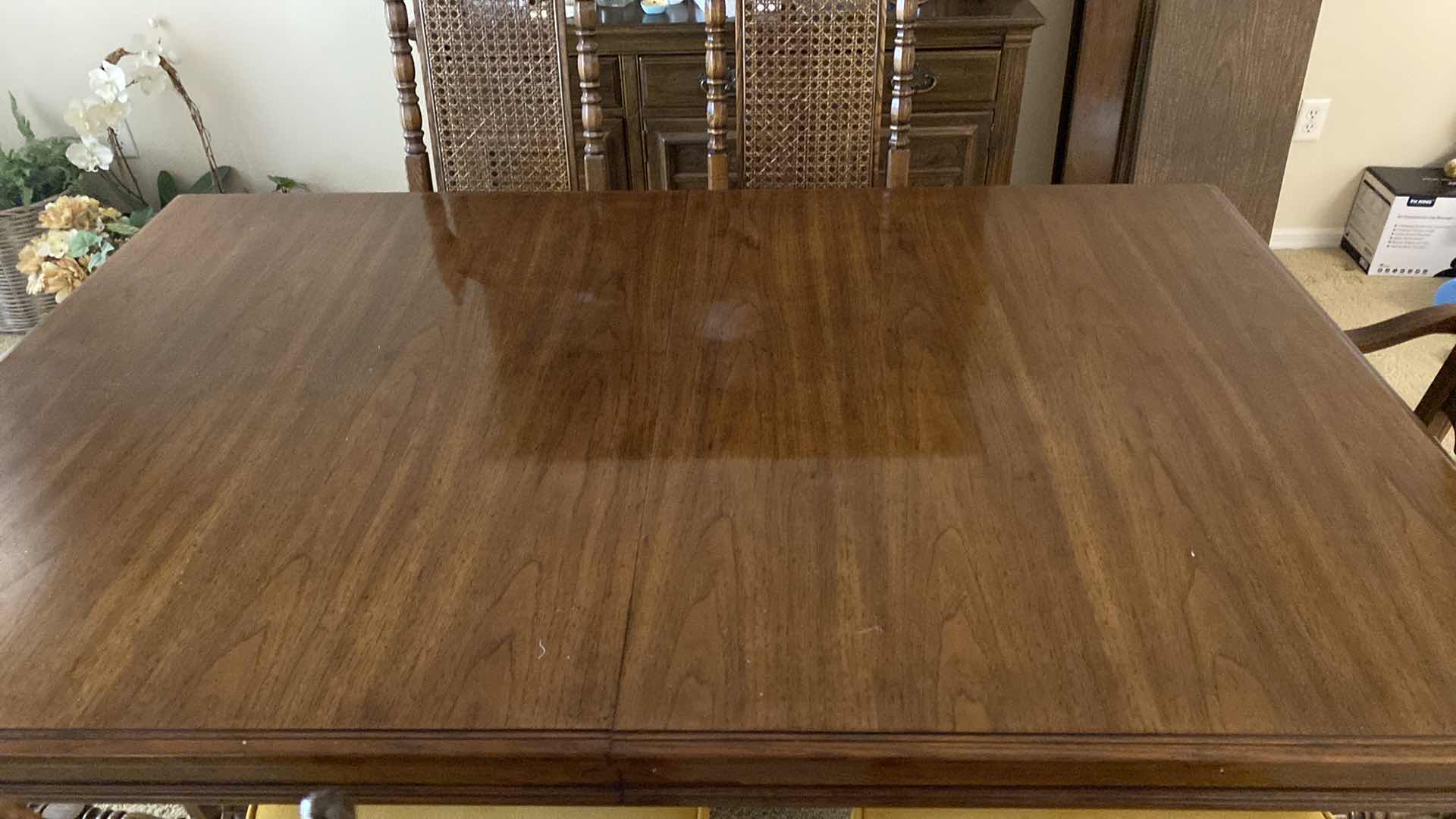 Photo 3 of ETHAN ALLEN DARK WOOD FORMAL DINING TABLE WITH 6 CHAIRS 68“ x 43 1/2“ x 29“ high INCLUDES 2 LEAFS 18” x 43 1/2” each