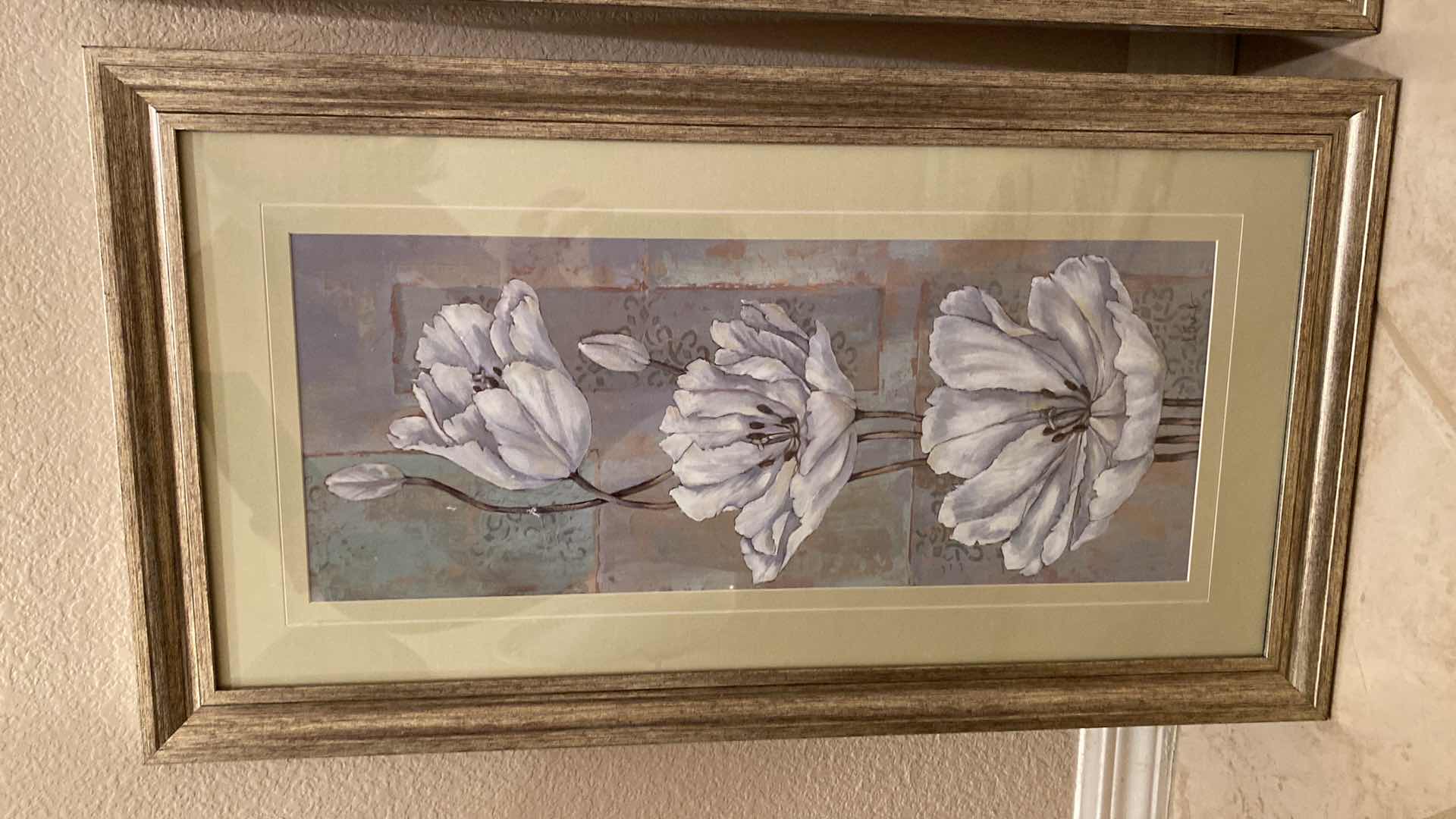 Photo 2 of PAIR OF FRAMED FLORAL ARTWORKS 14 1/2“ x 26 1/2“ AND FABRIC WALL DECOR