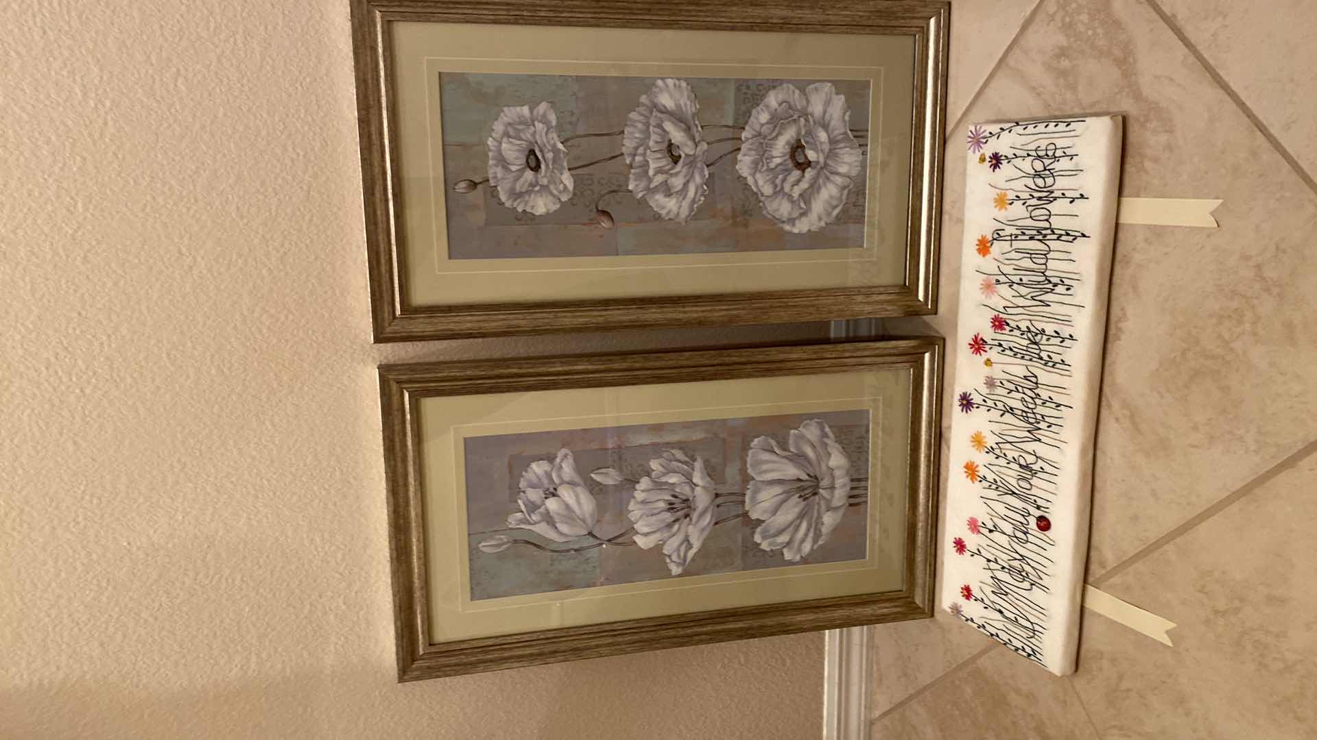 Photo 6 of PAIR OF FRAMED FLORAL ARTWORKS 14 1/2“ x 26 1/2“ AND FABRIC WALL DECOR