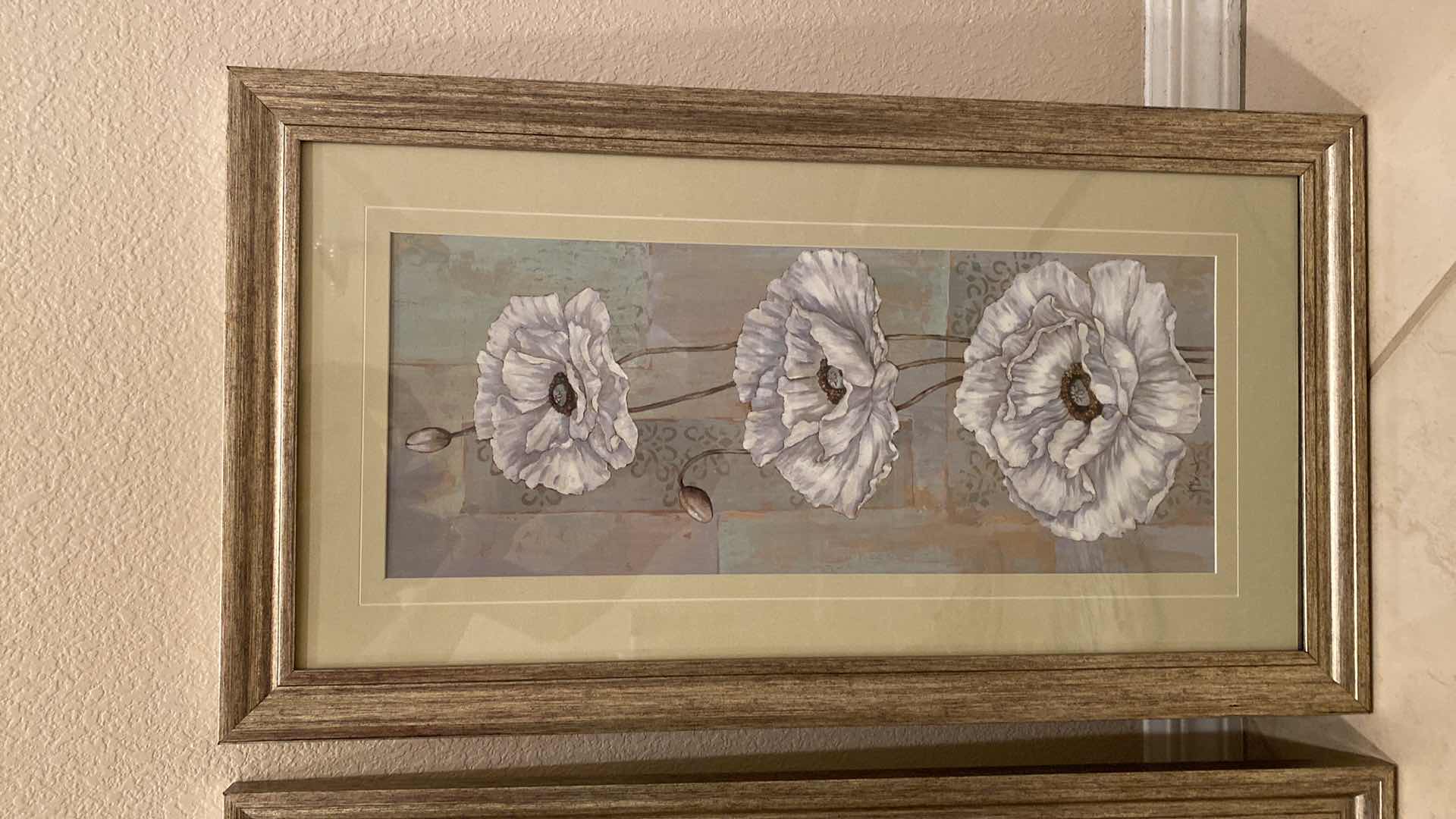 Photo 3 of PAIR OF FRAMED FLORAL ARTWORKS 14 1/2“ x 26 1/2“ AND FABRIC WALL DECOR