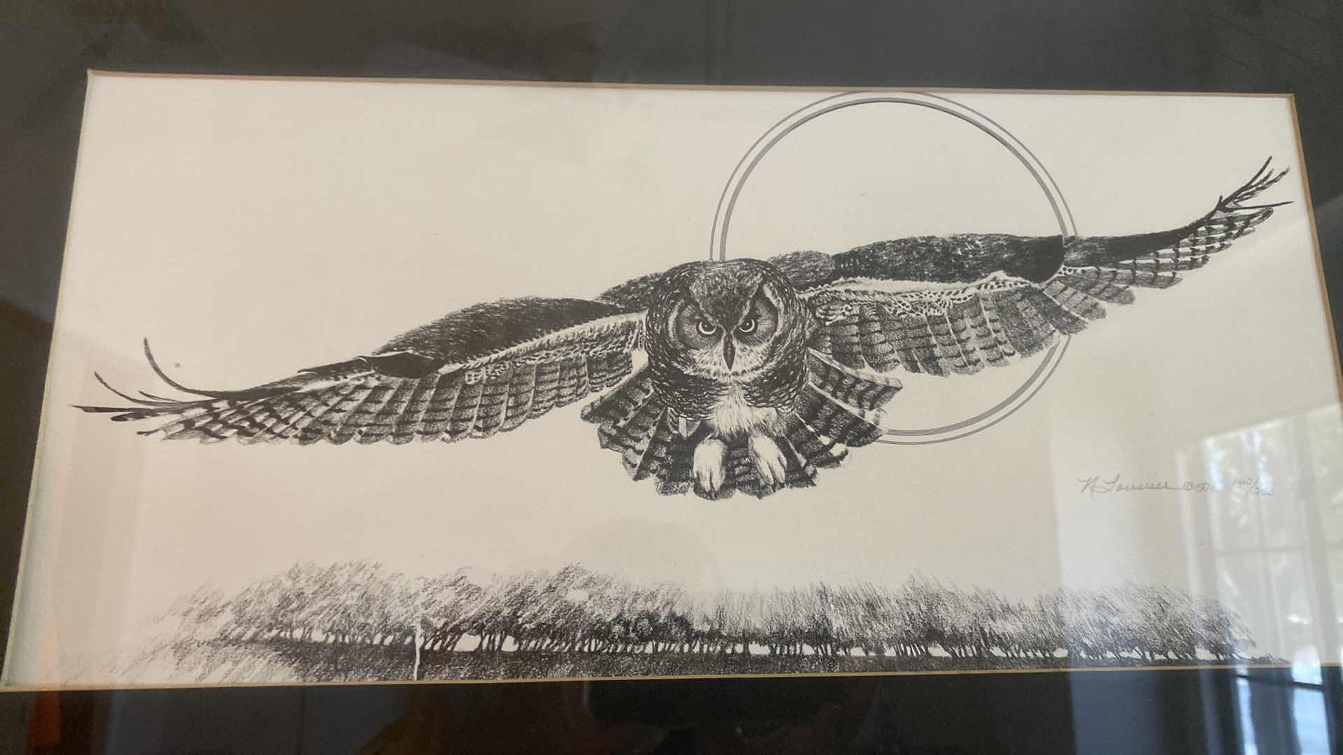 Photo 2 of Wood framed pencil owl drawing signed 1976 artwork 28“ x 23“