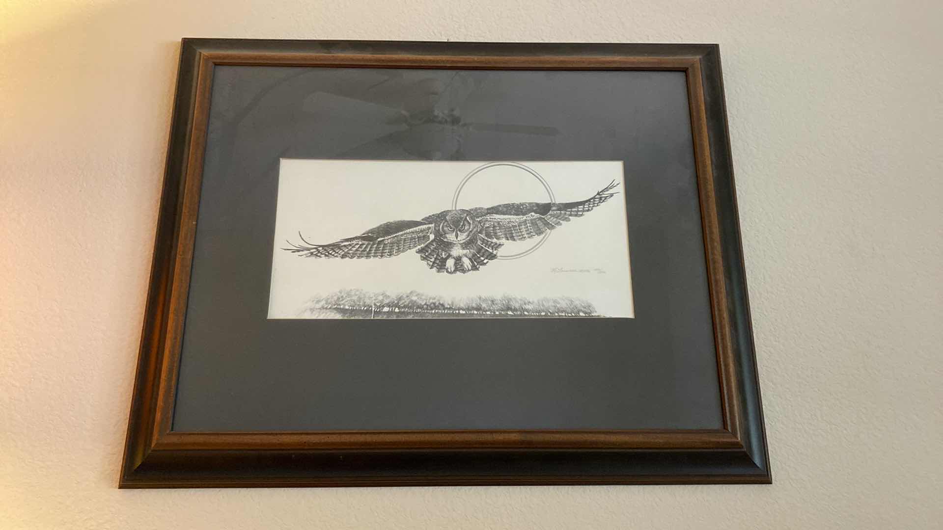 Photo 5 of Wood framed pencil owl drawing signed 1976 artwork 28“ x 23“