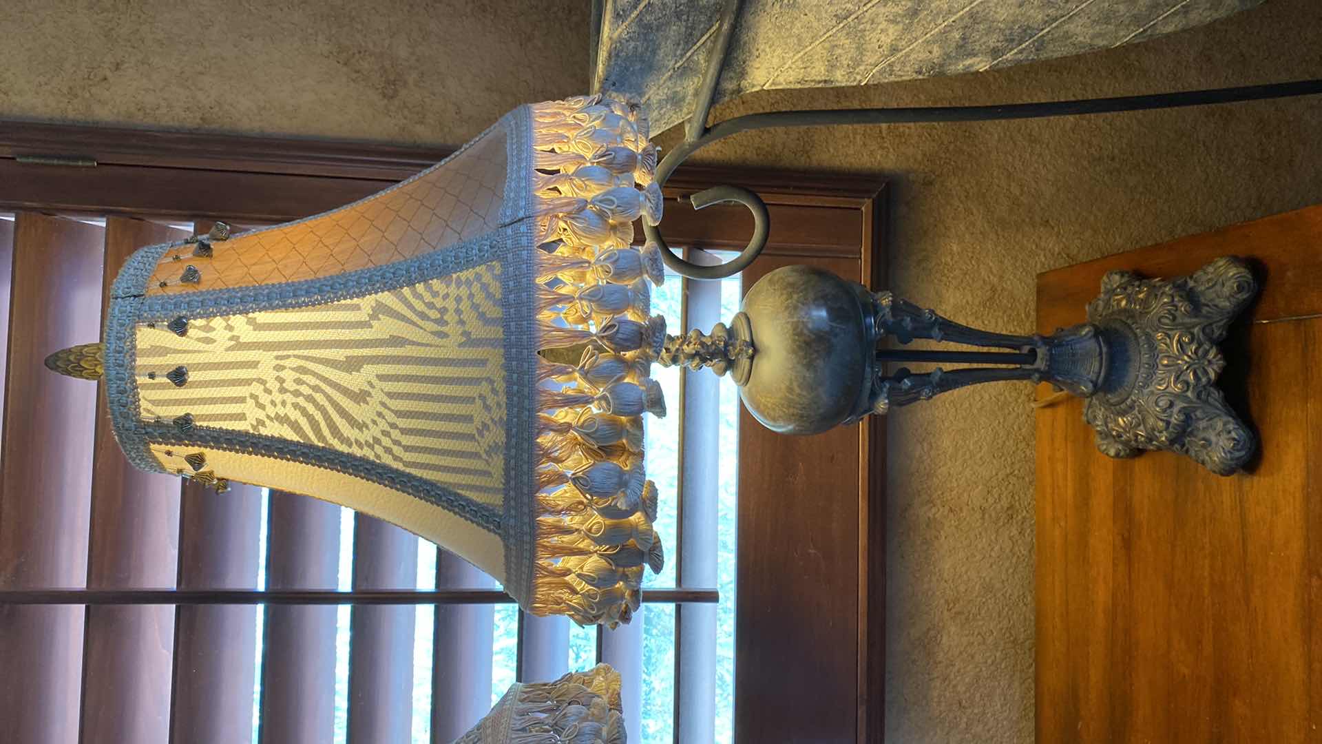 Photo 4 of PAIR OF HEAVY METAL TABLE LAMPS WITH FABRIC SHADES H34”