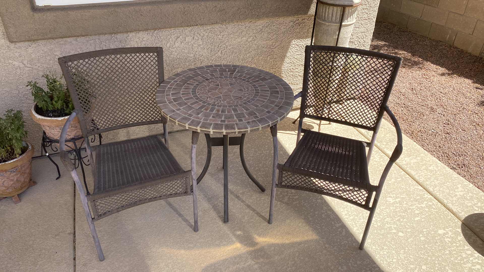 Photo 2 of 3-PIECE PATIO CAFE SET WITH WOVEN CHAIRS TABLE 28“ x 28 1/2“