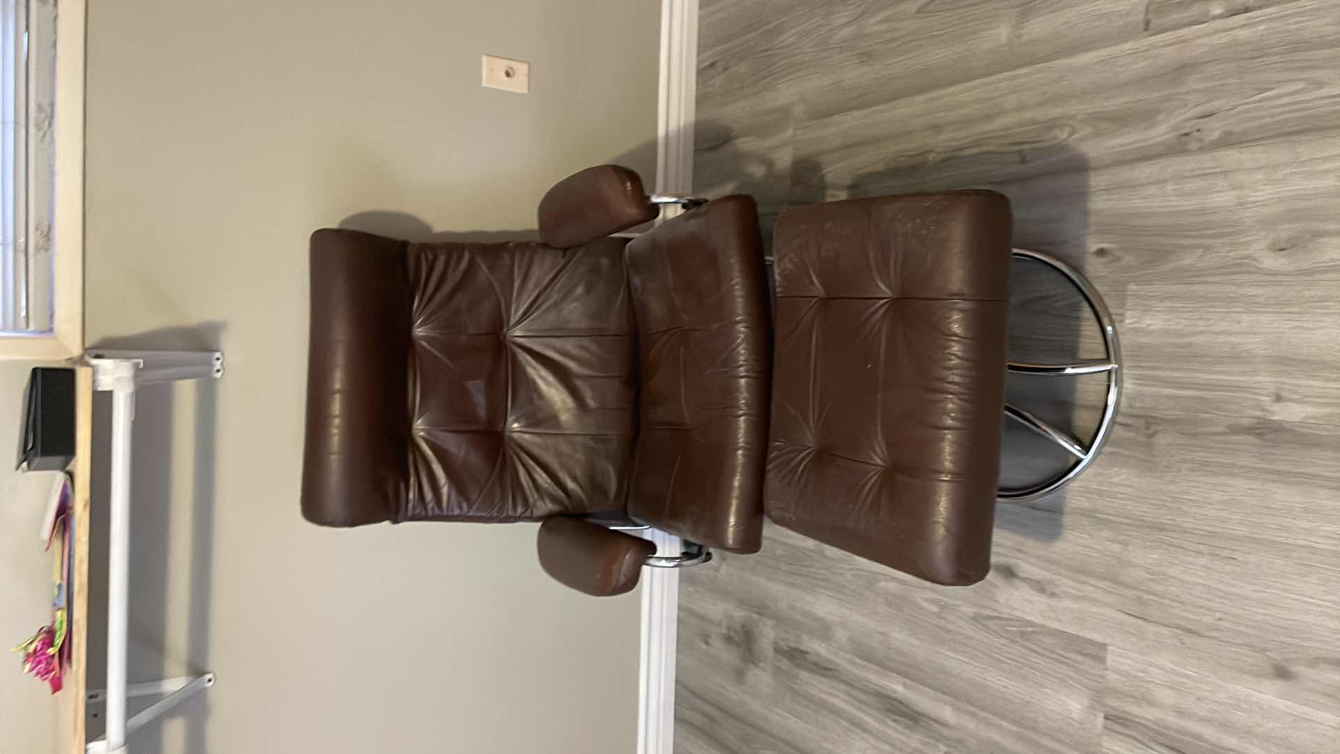 Photo 5 of VINTAGE MID CENTURY MODERN EKORNES LEATHER CHAIR W METAL BASE  MCM 32”x 24”x 41”H AND OTTOMAN 22”x18”x15”H 