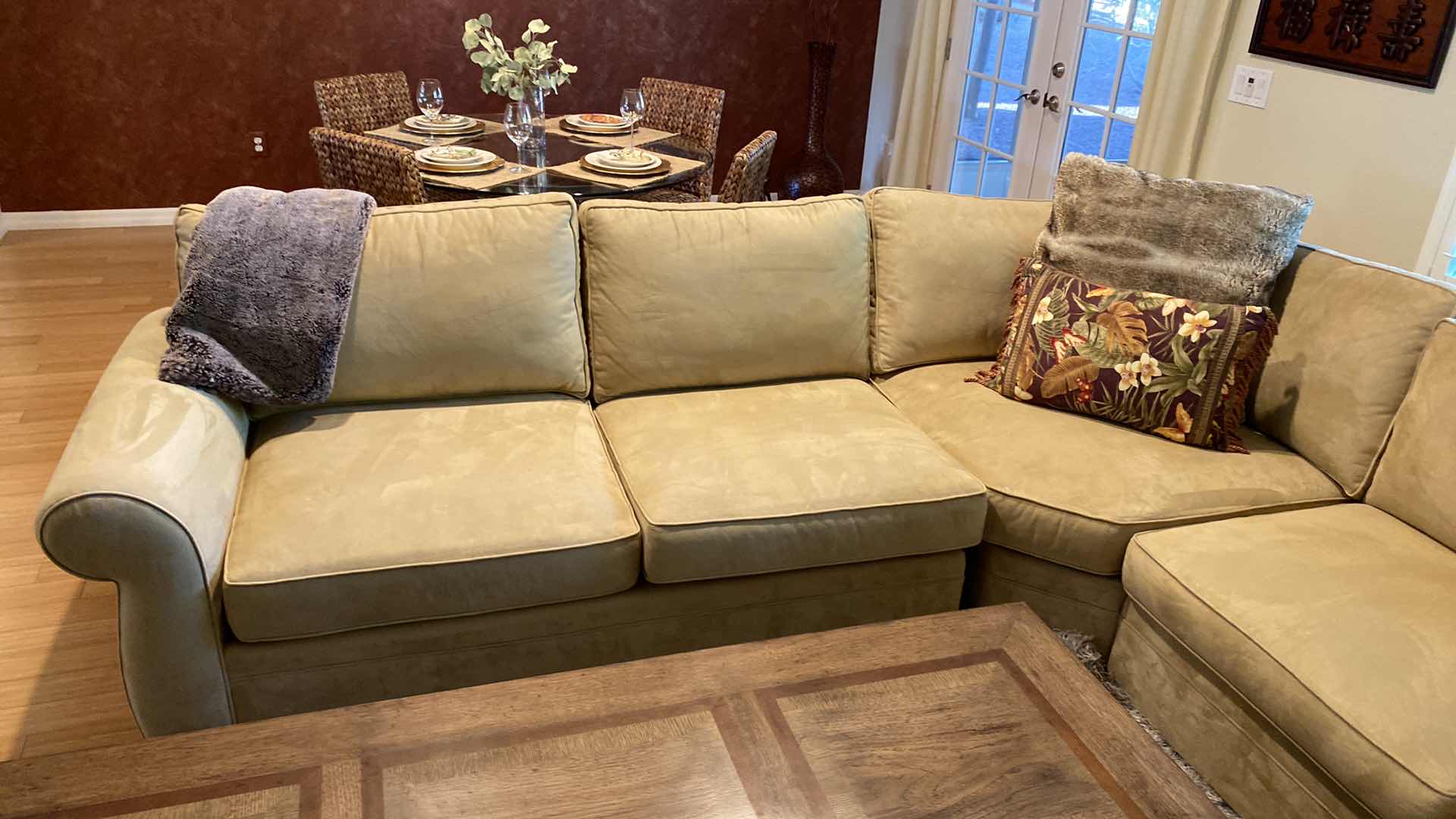 Photo 3 of POTTERY BARN BRUSHED CROSSWEAVE TAN SECTIONAL SOFA ONLY (CUSHIONS 45% DOWN) 10'x10'