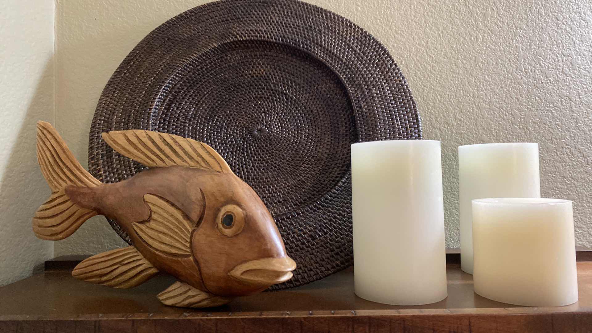 Photo 1 of 3 FLAMELESS CANDLES, FISH 12“ x 5 1/2“ AND WOVEN CHARGE CHARGER