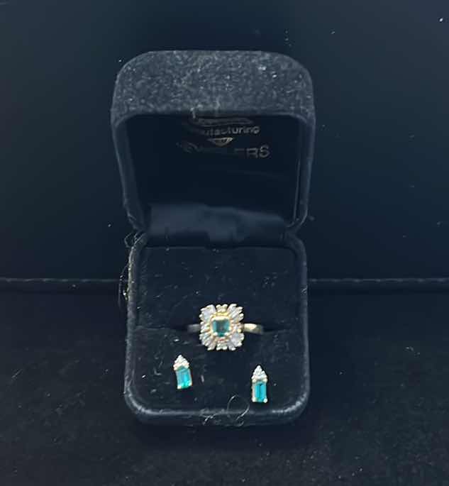 Photo 6 of FINE JEWELRY- 14K GOLD DIAMONDS WITH EMERALD, EARRINGS AND RING SET ESTIMATED  SIZE 5-6