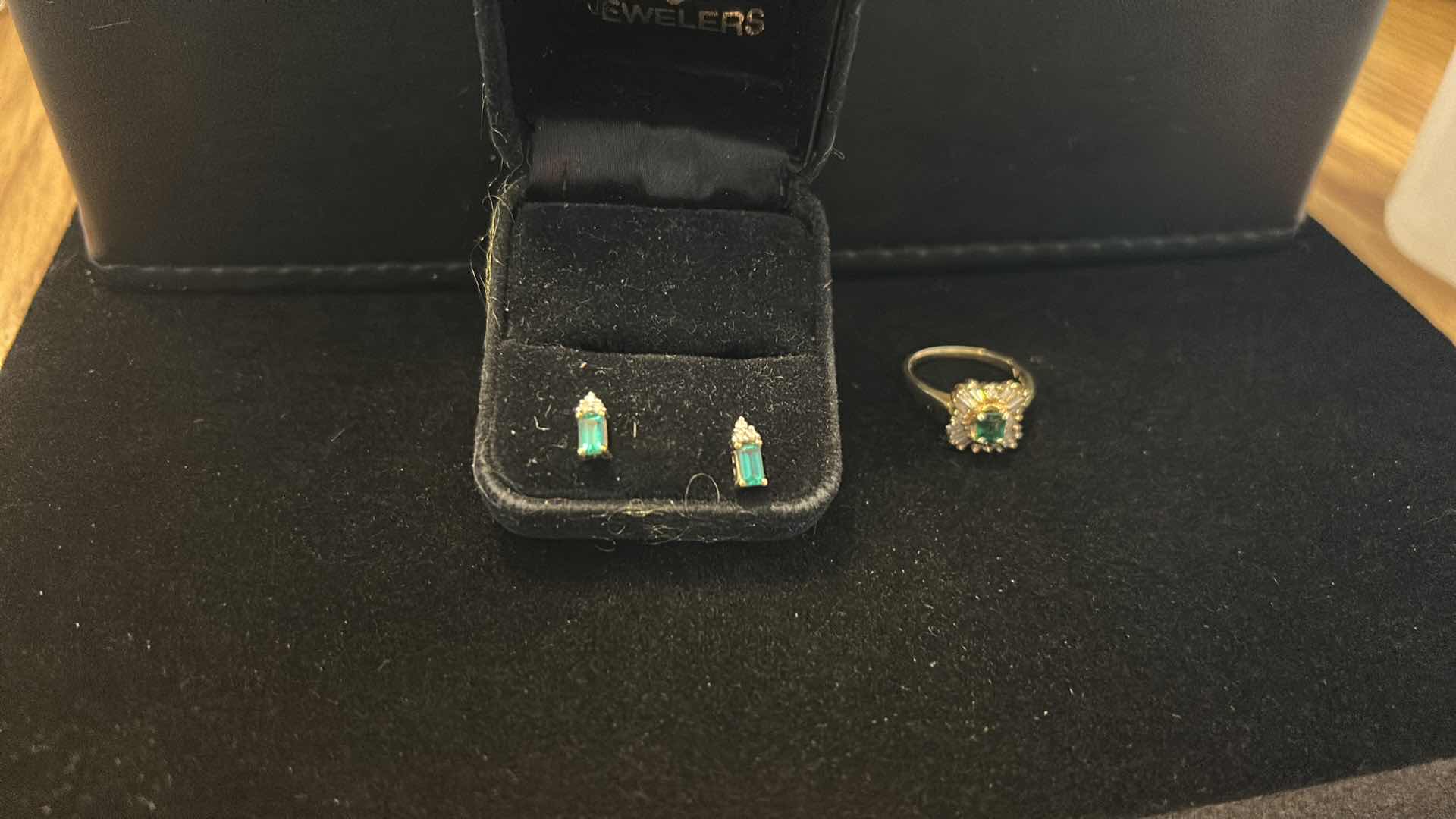 Photo 4 of FINE JEWELRY- 14K GOLD DIAMONDS WITH EMERALD, EARRINGS AND RING SET ESTIMATED  SIZE 5-6