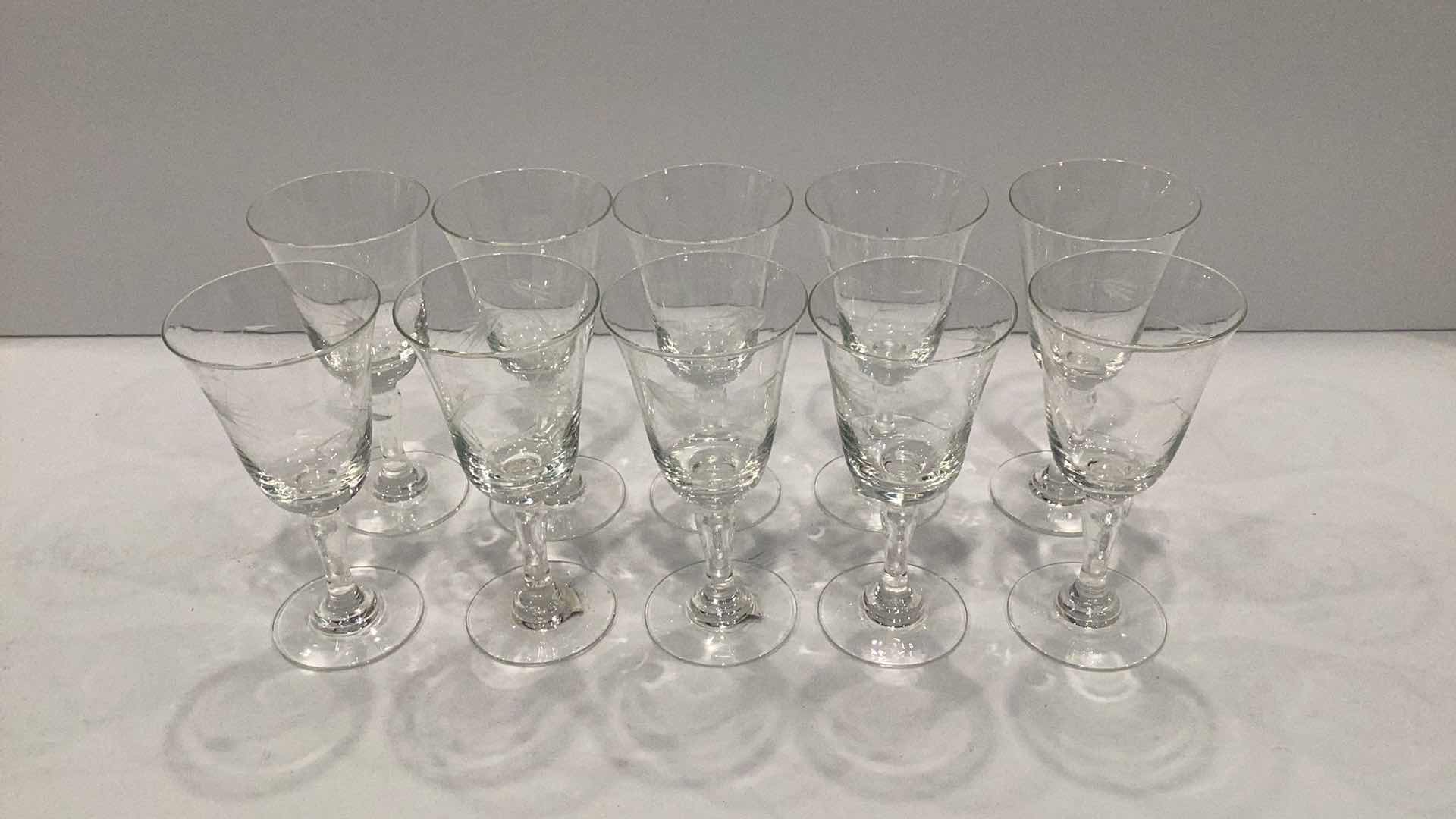 Photo 1 of VINTAGE ETCHED GLASS HAND BLOWN  DESERT WINE GLASSES SET OF 10 - MORE OF THIS COLLECTION IN AUCTION 