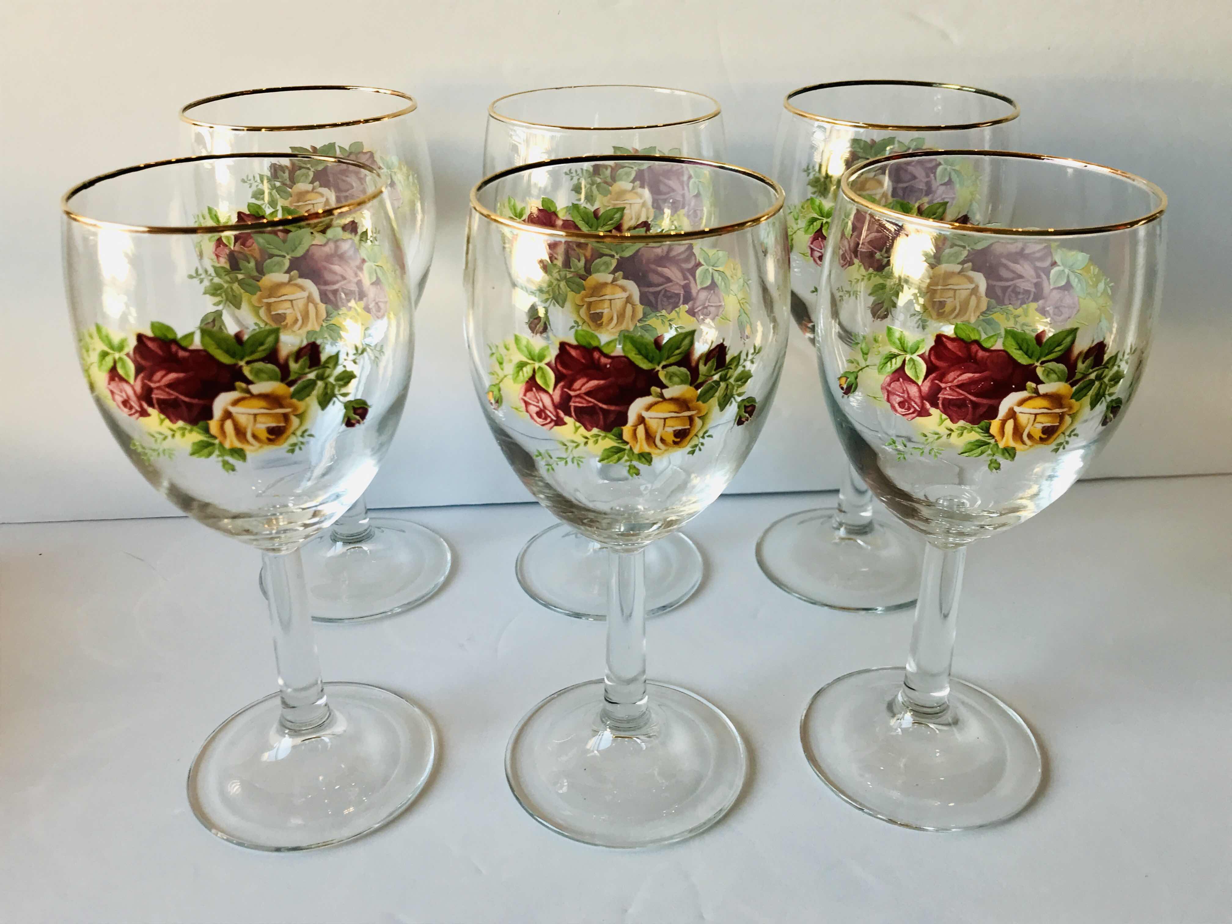 Photo 1 of ROYAL ALBERT OLD COUNTRY ROSE GOBLETS GOLD TRIM WINE GLASSES SET OF 6
