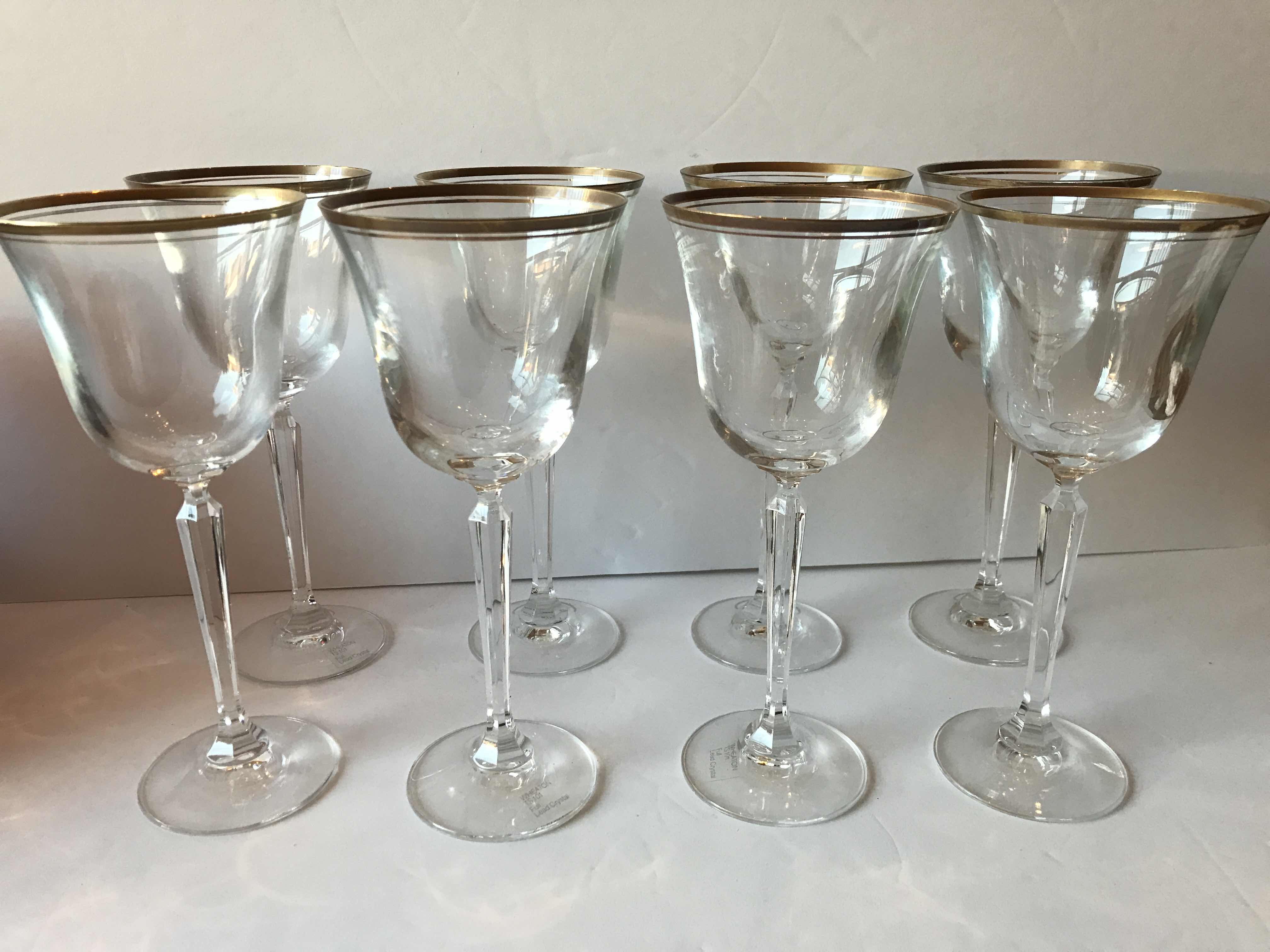 Photo 1 of MISAKA WHEATON GOLD TRIMMED CUT CRYSTAL WATER / WINE GOBLETS