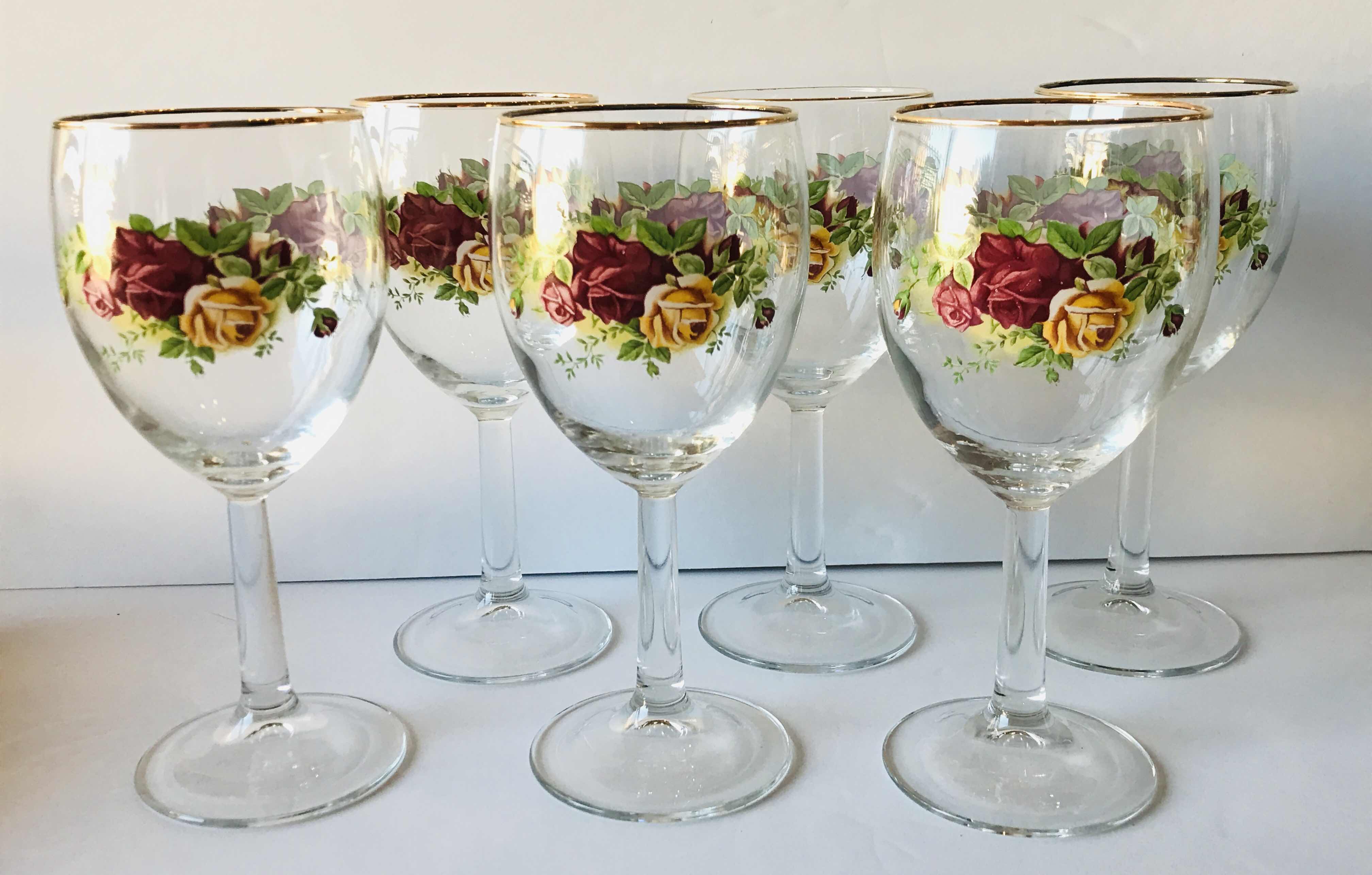 Photo 1 of ROYAL ALBERT OLD COUNTRY ROSE GOBLETS GOLD TRIM WINE GLASSES SET OF 6 - MORE OF THIS COLLECTION IN THE AUCTION