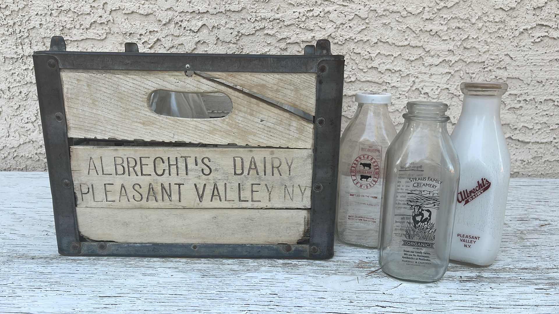 Photo 1 of ANTIQUE NY DAIRY FARM CRATE AND MILK BOTTLES 