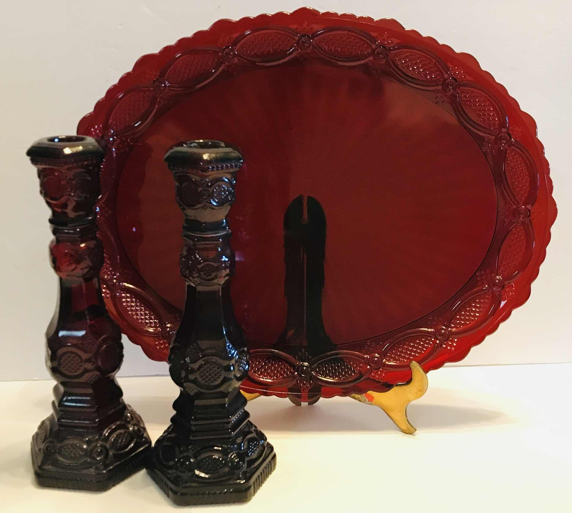 Photo 1 of VINTAGE CAPE COD ROYAL RUBY RED AVON PLATTER & CANDLE STICKS - MORE OF THIS COLLECTION IN AUCTION