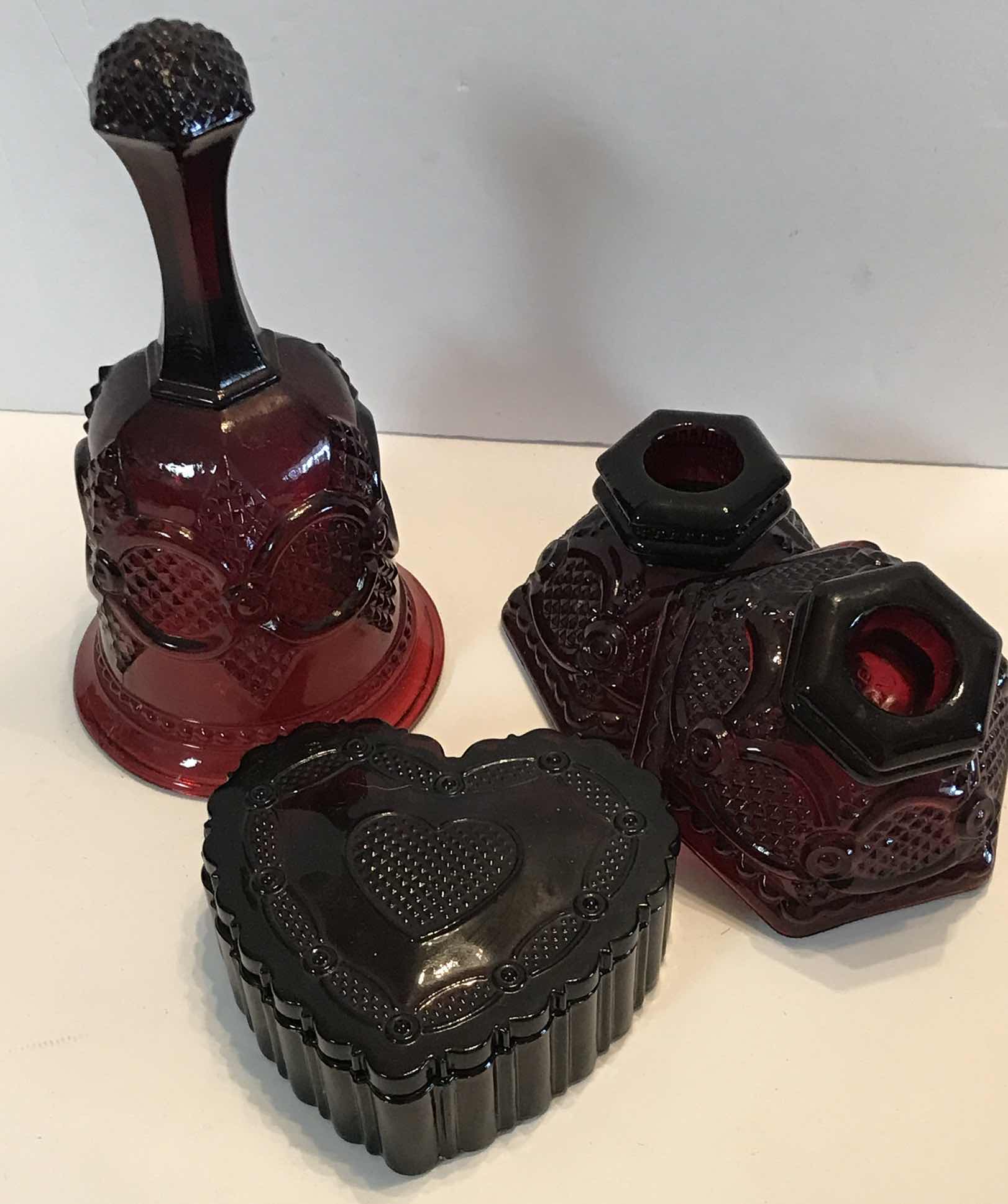 Photo 1 of VINTAGE CAPE COD ROYAL RUBY RED AVON GLASS BELL / CANDLE HOLDERS & COVERED SMALL HEART DISH - MORE OF THIS COLLECTION IN AUCTION